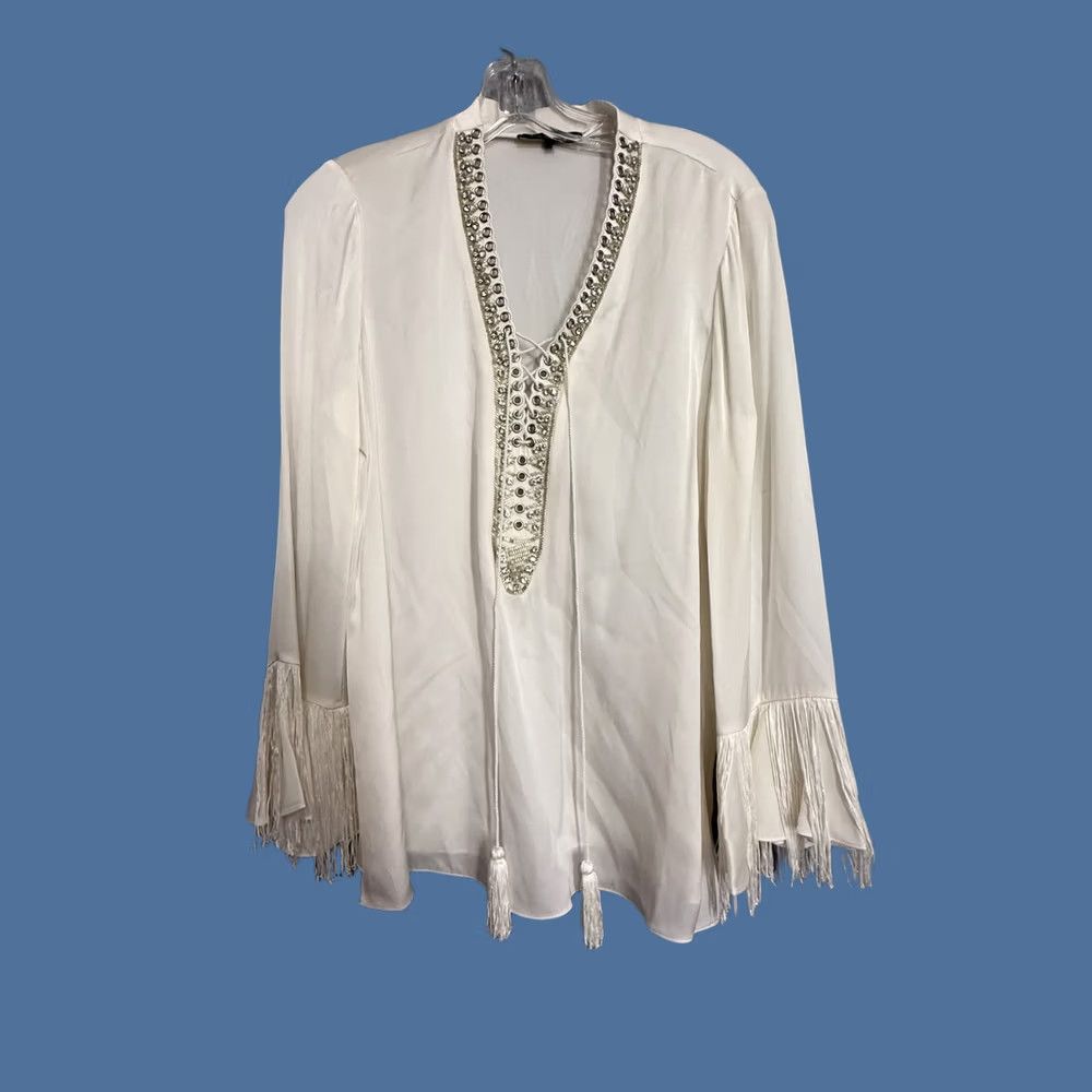 KOBI HALPERIN Kobi Halperin Blouse Womens Medium White Silk Fringe Rhinestone Boho Tunic Top Size M / US 6-8 / IT 42-44 - 1 Thumbnail