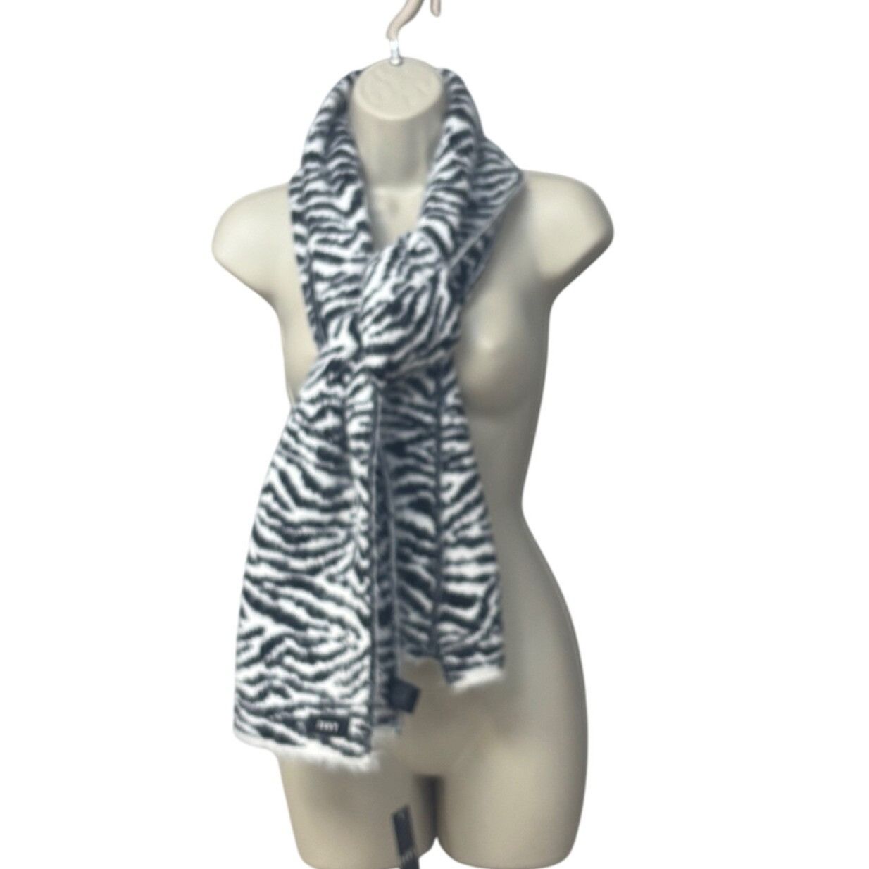 DKNY DKNY Fuzzy Animal Print Knit Scarf , Black/ White 12"x67" Size ONE SIZE - 8 Thumbnail