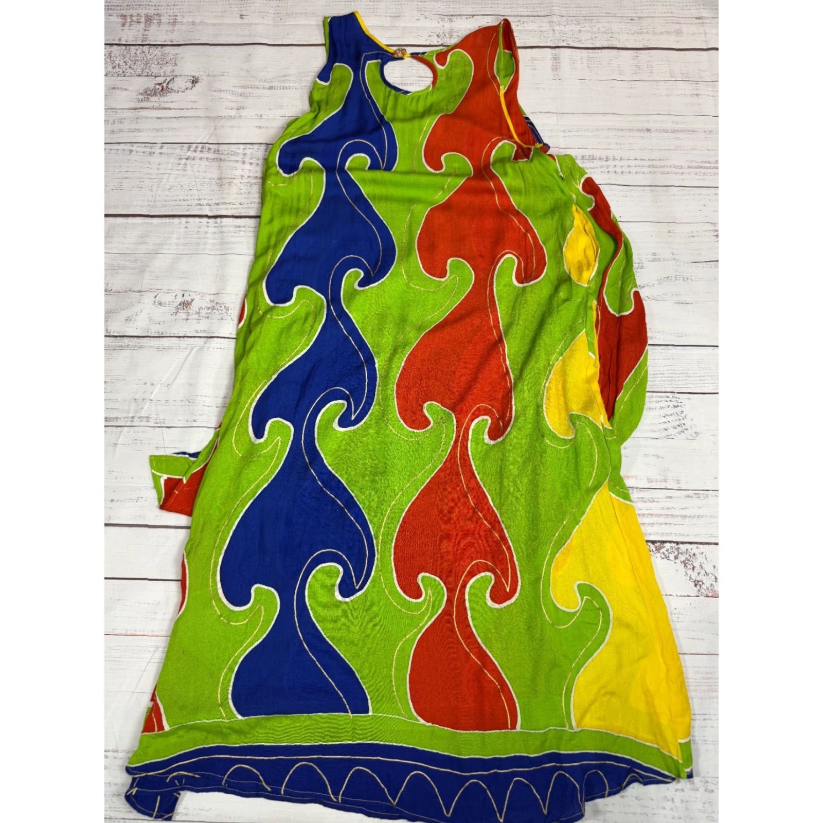 Vintage Milan Dress Sundress Shift Layered Long NWT Yellow Green Tribal Rayon Sz M Womens) Size M / US 6-8 / IT 42-44 - 4 Thumbnail