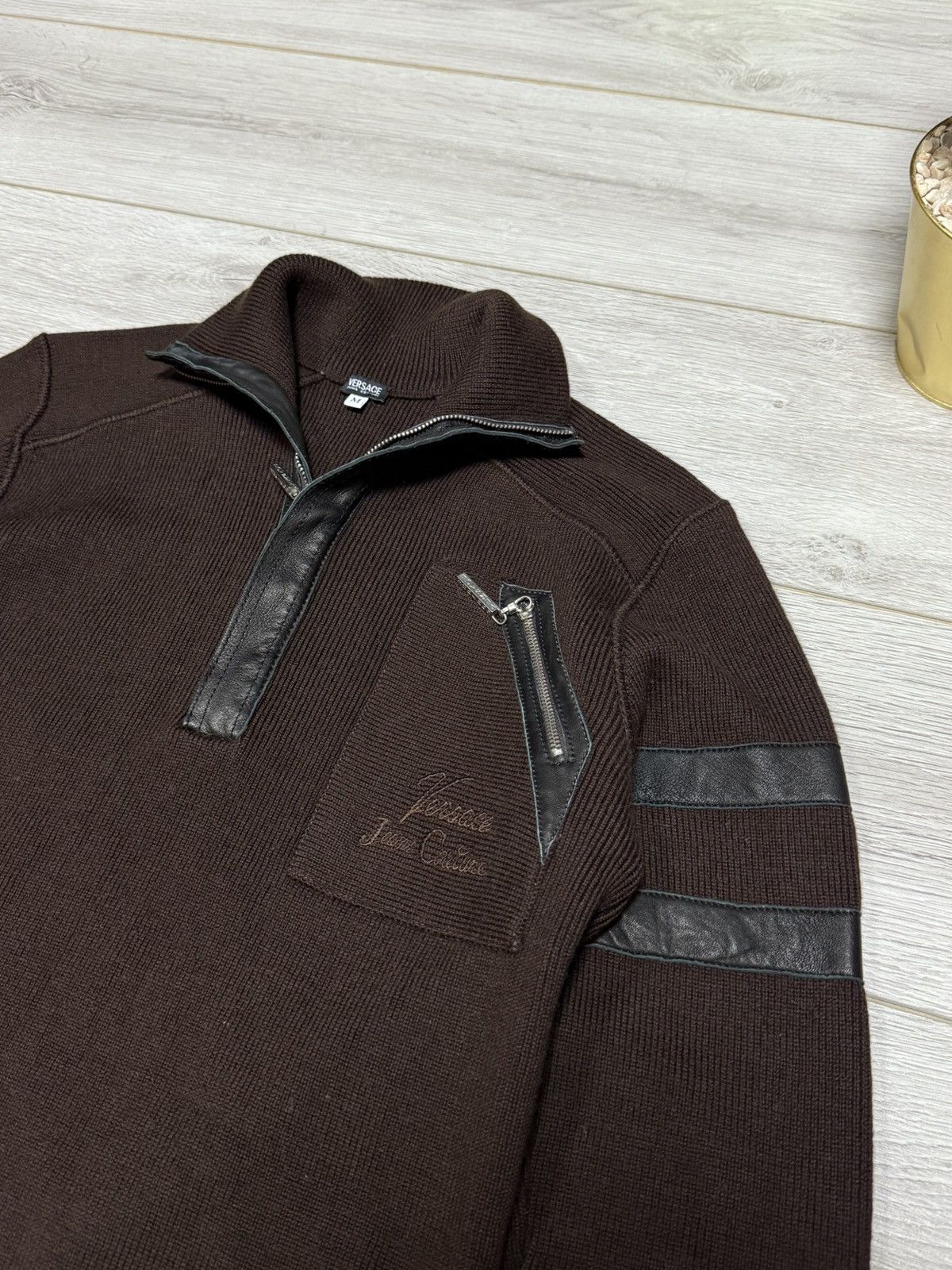 Versace Jeans Couture Versace wool quarter zip leather big logo jumper 1/4 Size US M / EU 48-50 / 2 - 1 Thumbnail