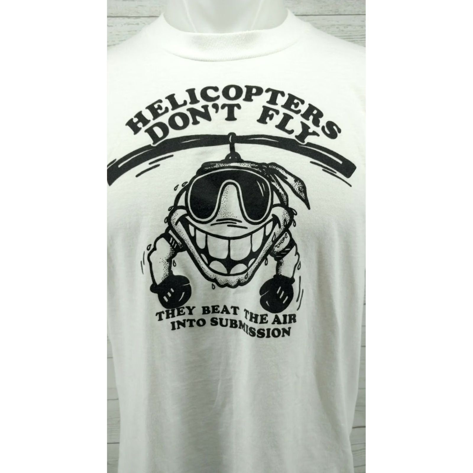 Jerzees Rare Vintage Helicopters Don't Fly Beat The Air Shirt L Large White 80s Jerzees Short Sleeve Mens Women Size US L / EU 52-54 / 3 - 2 Thumbnail