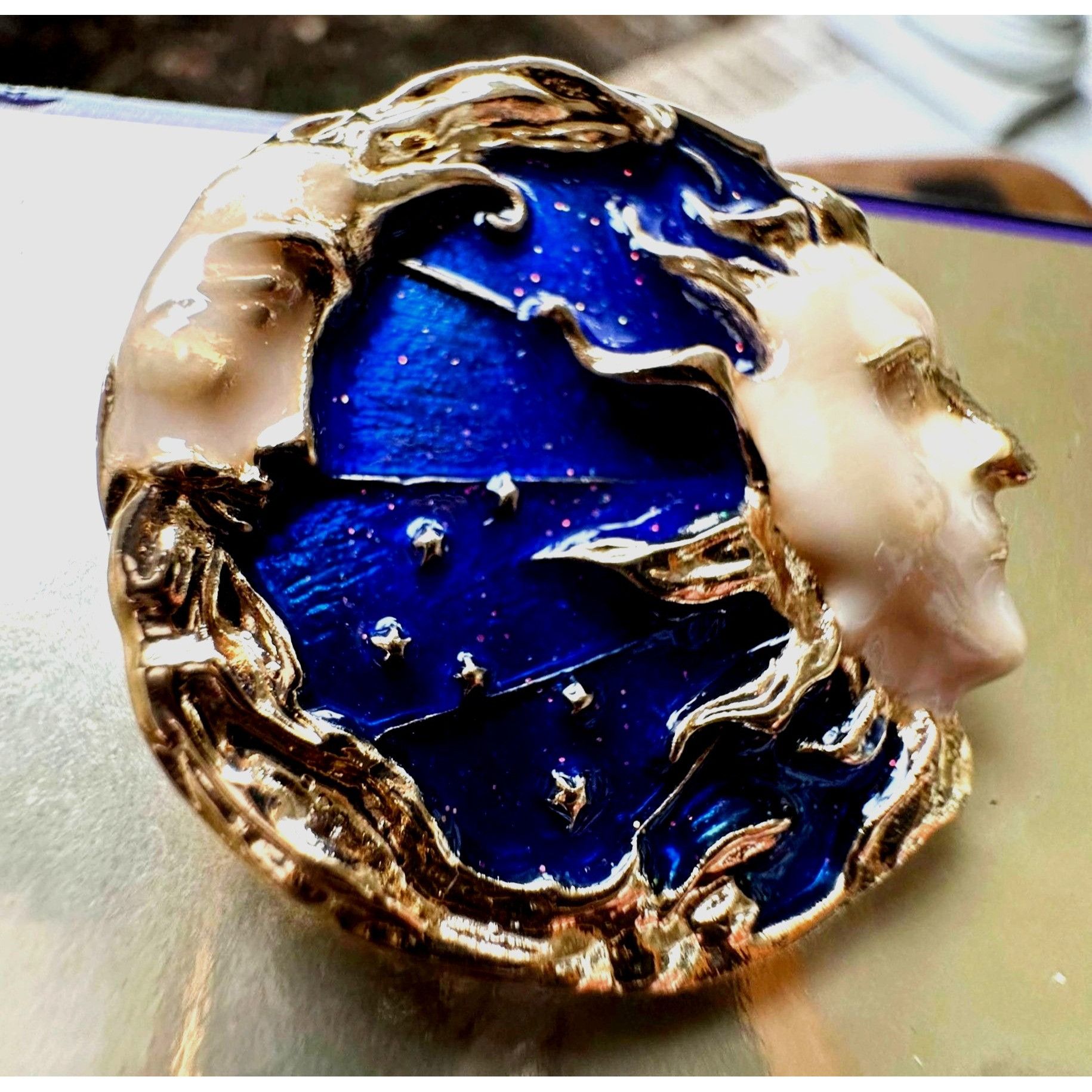 Handmade Celestial Moon Sun Brooch Pin New Gold Navy Yours is the Lig Size ONE SIZE - 8 Thumbnail