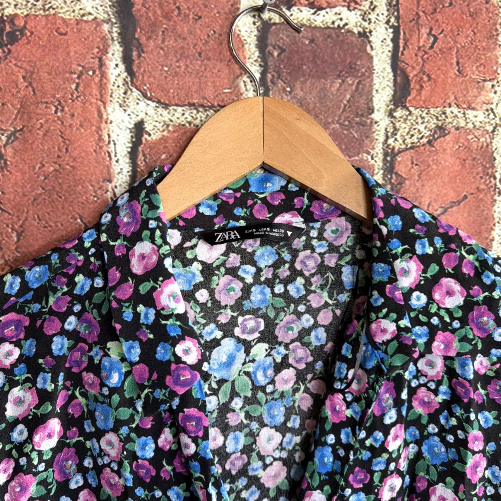 Zara Zara Womens Black Floral Long Sleeve Mini Dress Polyester S Wrap Dress V-Neck Tie Knee Length Size S / US 4 / IT 40 - 2 Thumbnail