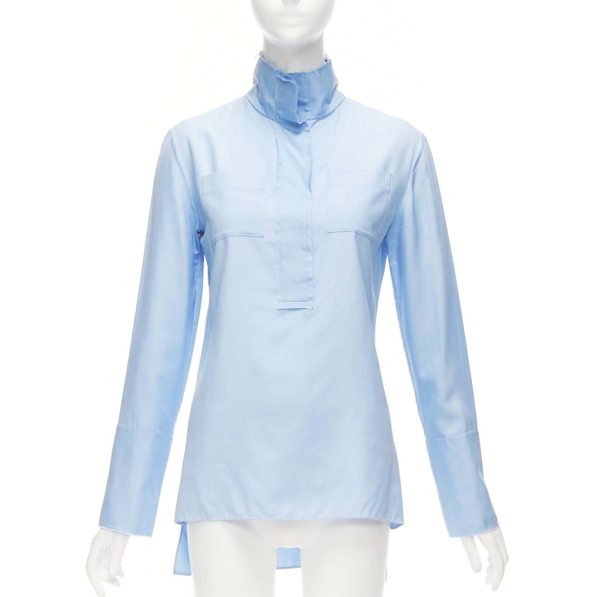 image of Marni Pastel Blue 100% Silk Raw Edge Collar Pocketed High Low Hem Shirt It38 Xs, Women's