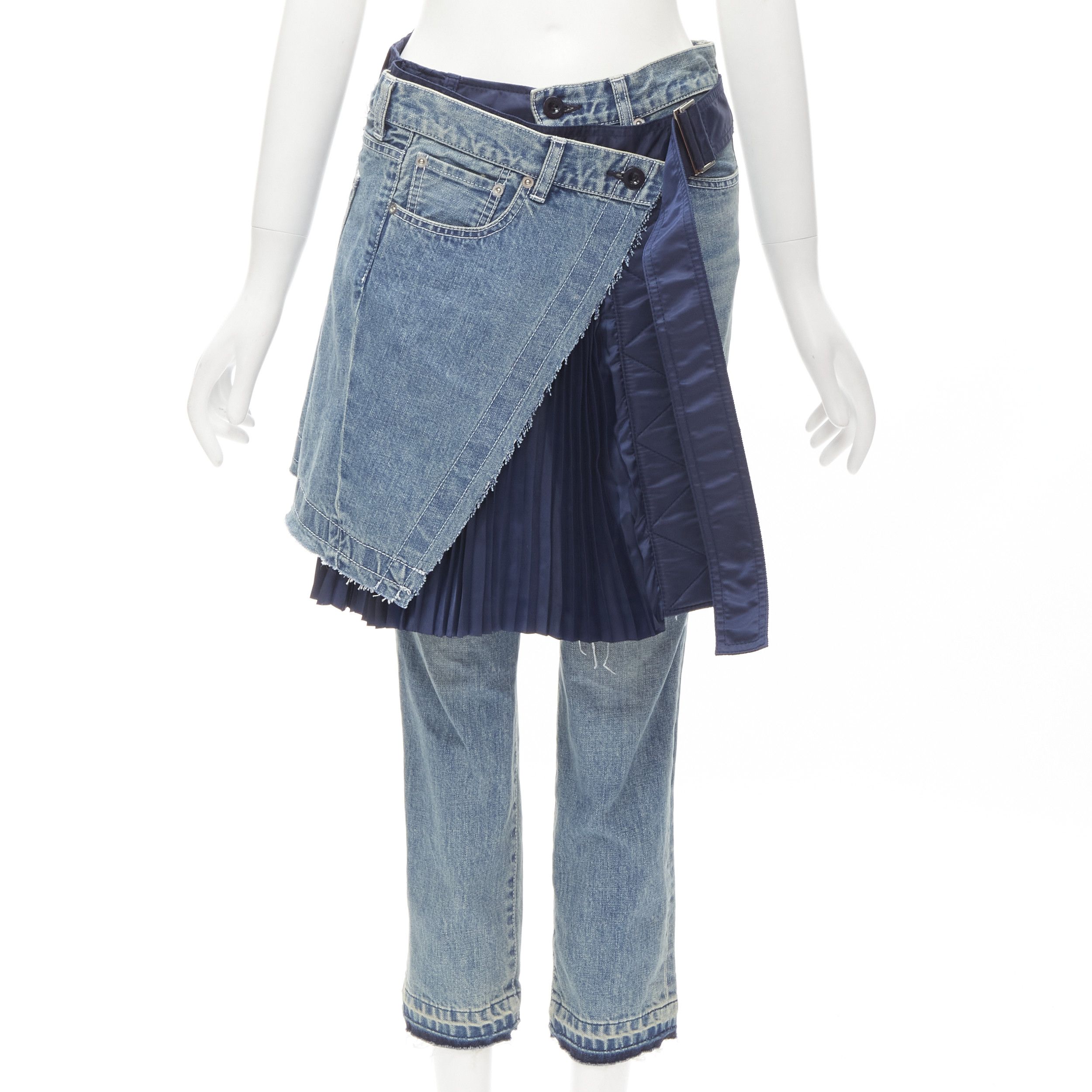 image of Sacai Deconstructed Denim Pleated Wrap Skirt Layered Ripped Jeans Xs in Blue, Women's (Size 26)