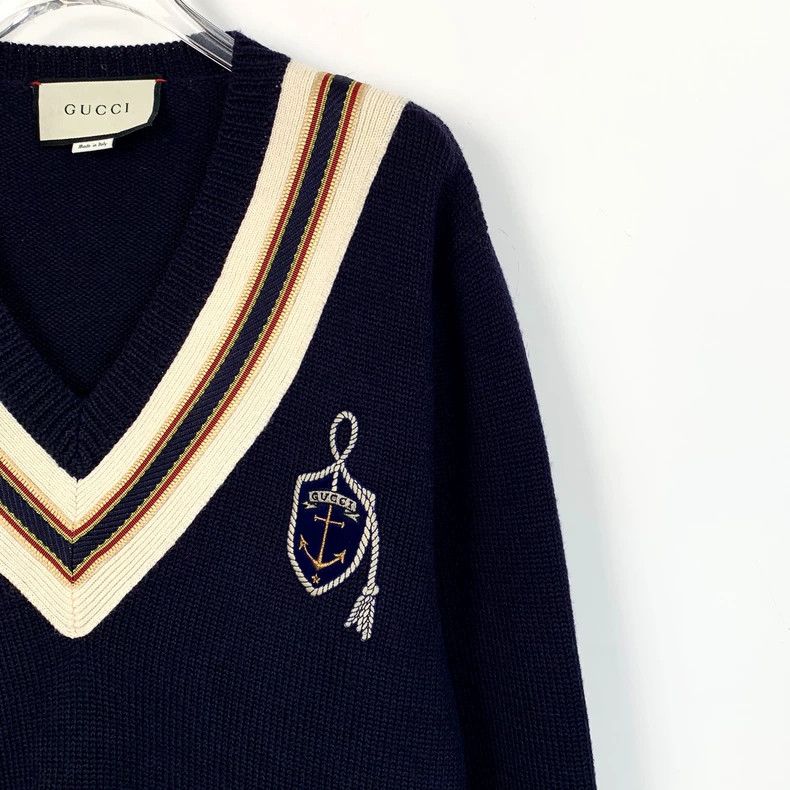 Gucci Gucci Dark blue striped anchor embroidery wool V-neck long- Size US M / EU 48-50 / 2 - 3 Thumbnail
