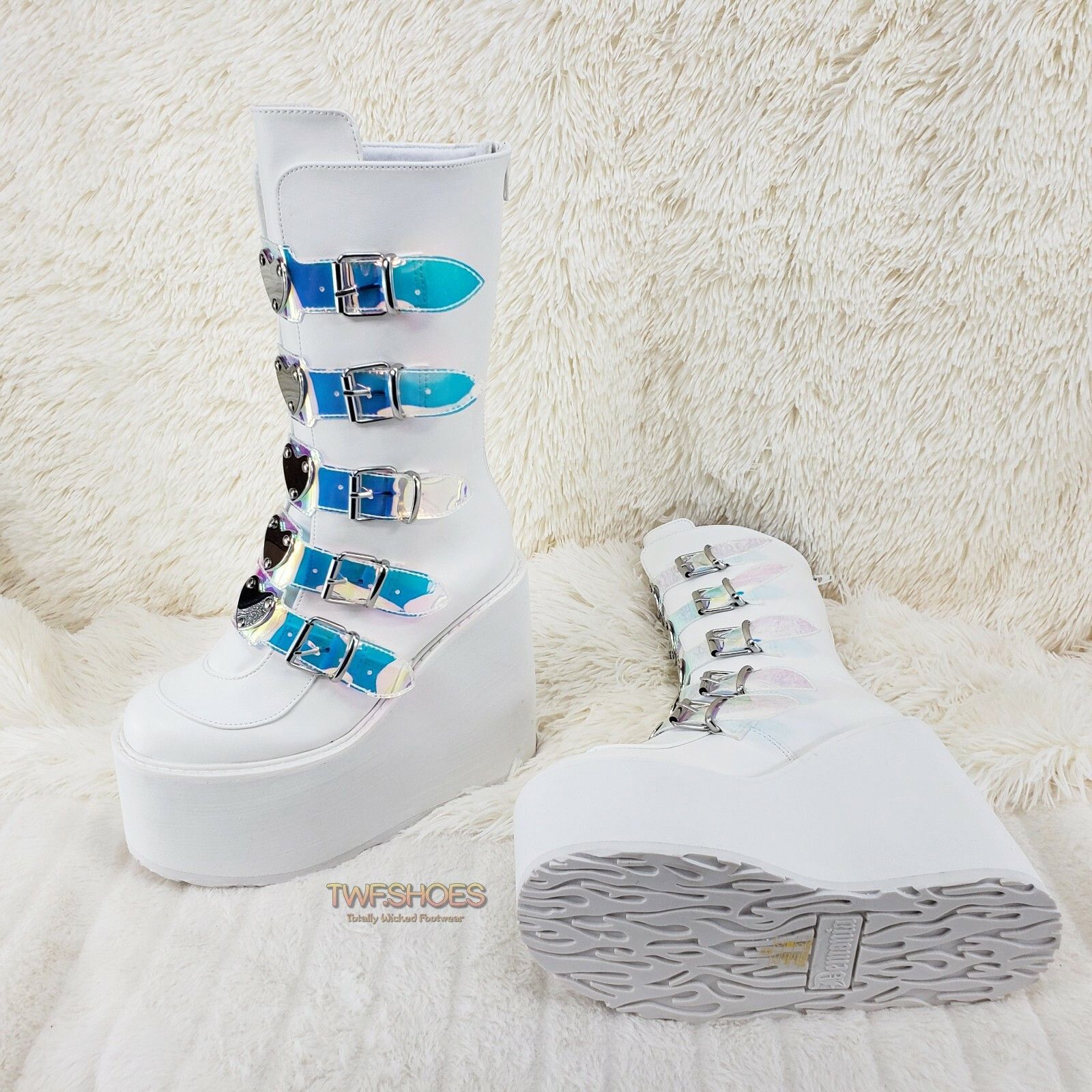 Other Cyber Swing 230 White Boot 5.5" Platform Heart Hologram Stra Size US 9 / IT 39 - 5 Thumbnail