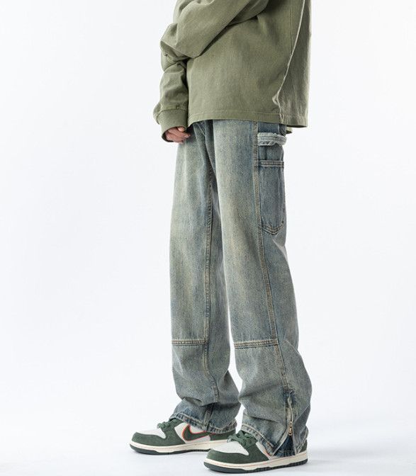 Japanese Brand Men's American Retro Loose Straight Leg Zipper Split Jeans Size US 32 / EU 48 - 4 Thumbnail