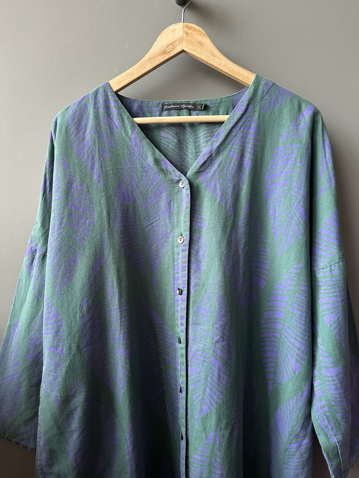 Gudrun Sjoden Gudrun Sjoden Green Purple Leaf Linen Tunic Dress Size L Size L / US 10 / IT 46 - 2 Thumbnail
