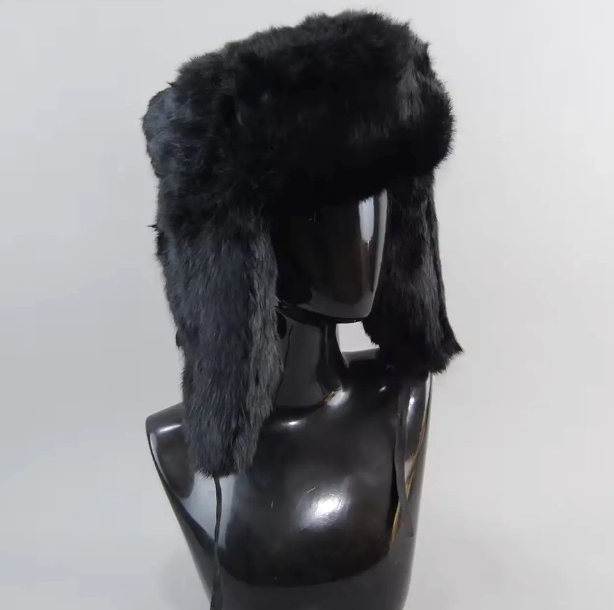 Japanese Brand Size XL Luxury Black Rabbit Fur Trapper Hat – Unisex Winter Size ONE SIZE - 1 Thumbnail