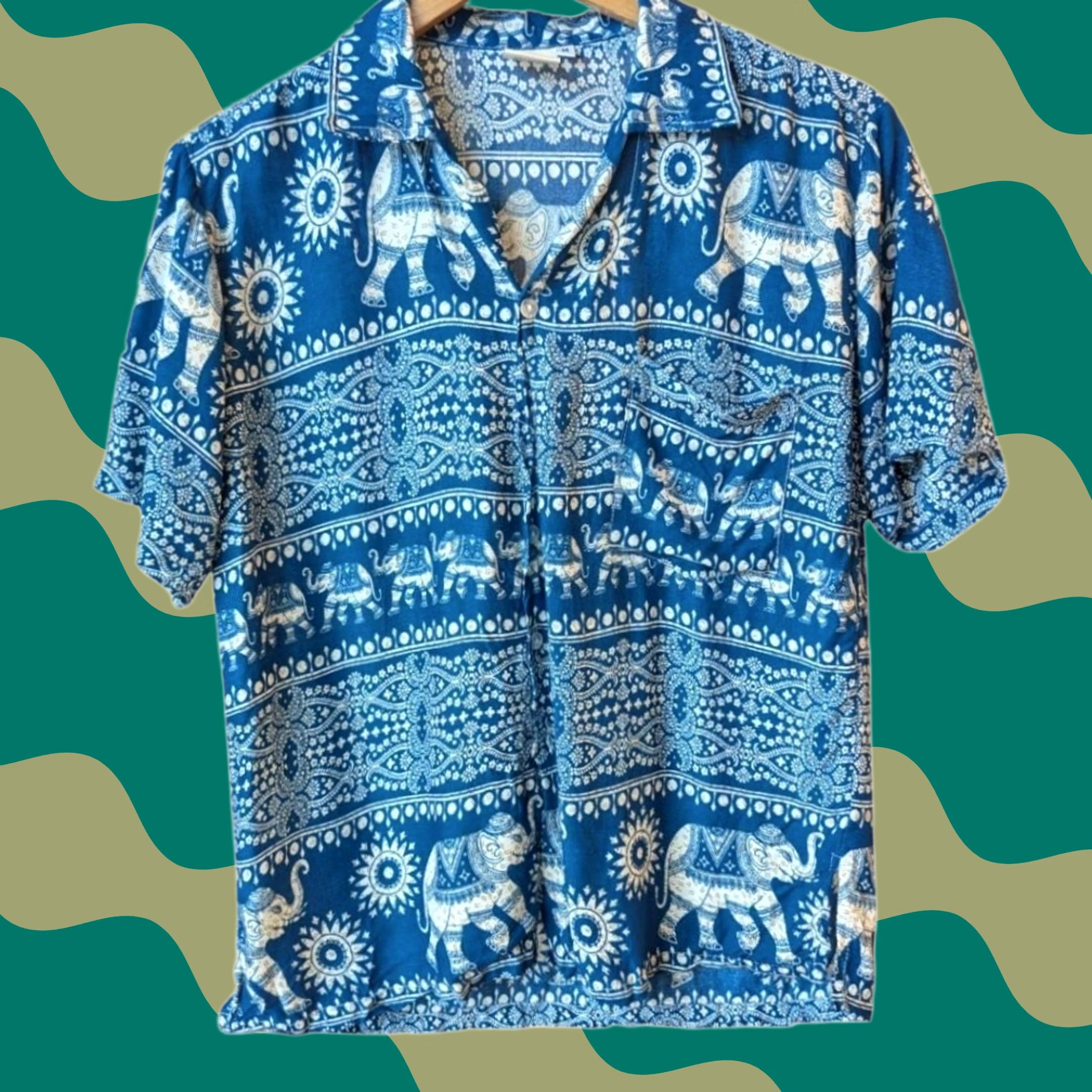 Vintage Cobalt Blue White Elephant Print Short Sleeve Button Up Camp Shirt Womens M Size M / US 6-8 / IT 42-44 - 1 Thumbnail