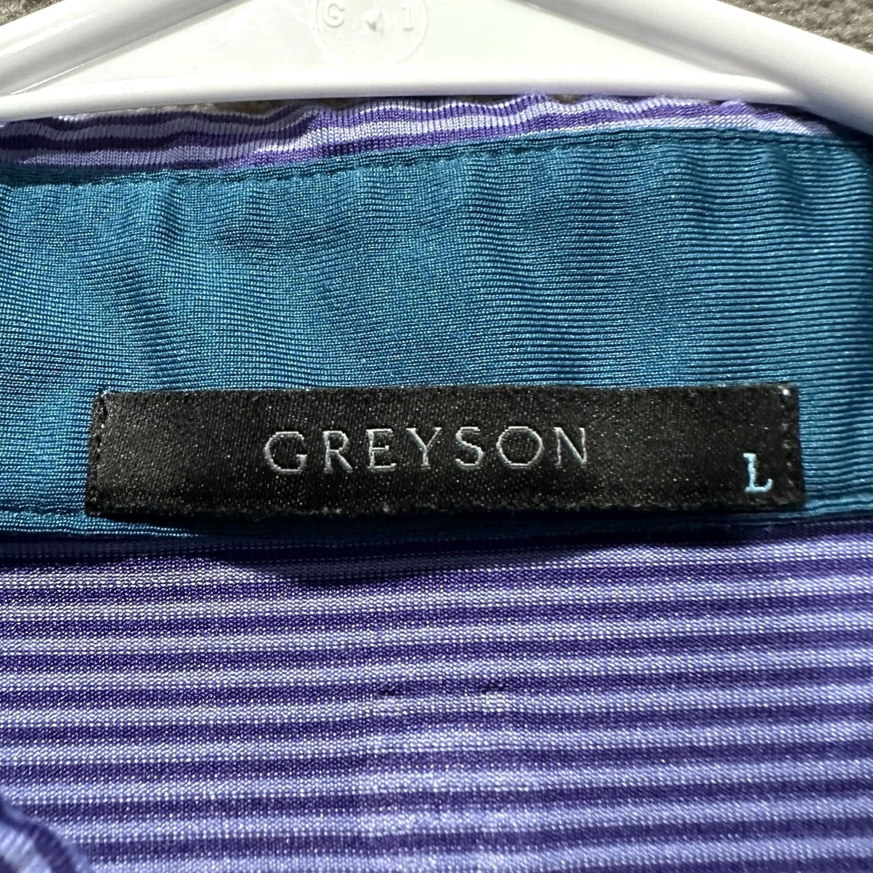 Vintage Greyson Shirt Mens Large Purple Striped Golf Polo Performance Wolf Logo Stretch Size US M / EU 48-50 / 2 - 4 Thumbnail