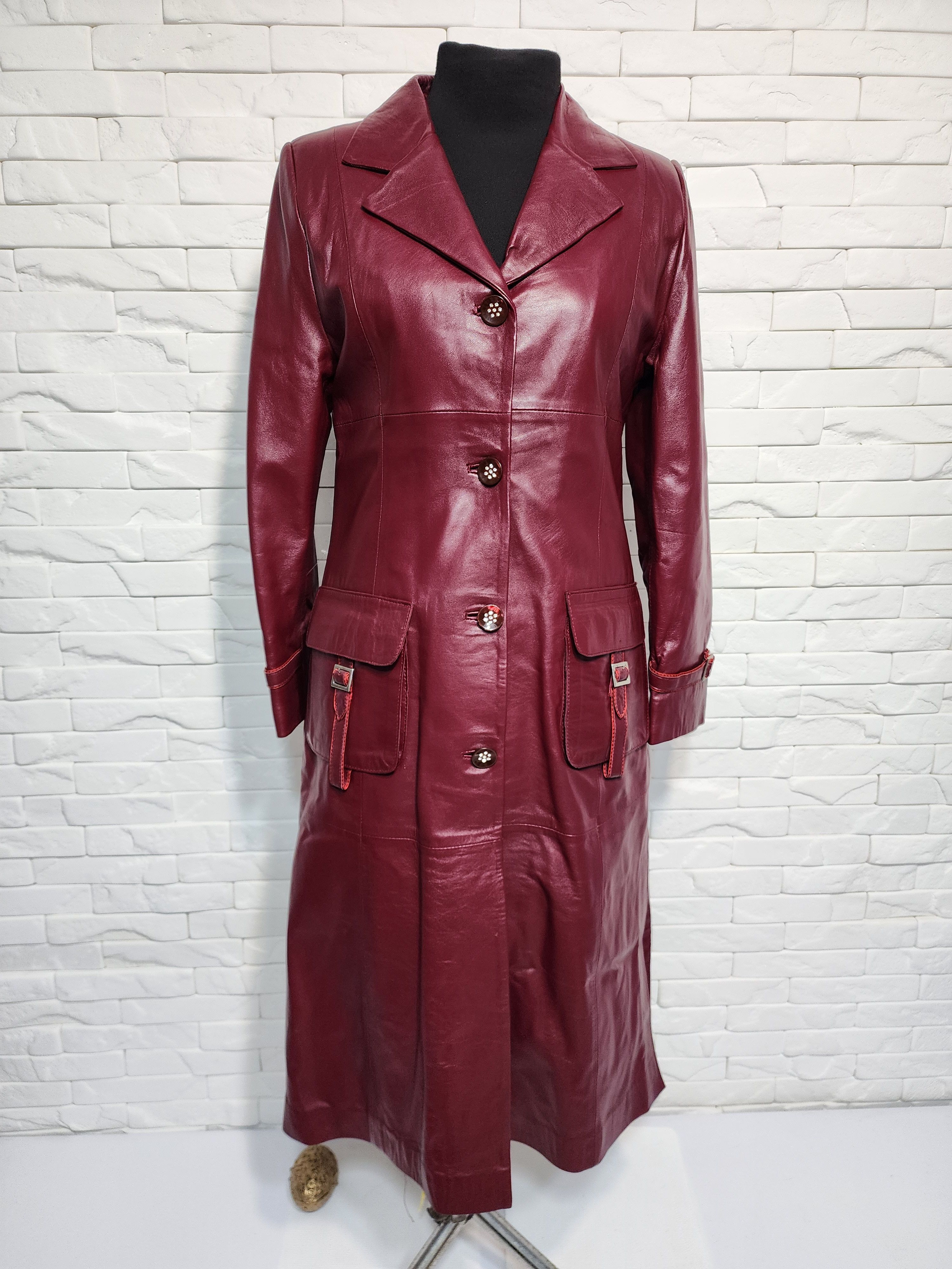 Genuine Leather Burgundy Leather Raincoat: Women's Long Leather Jacket Size M / US 6-8 / IT 42-44 - 1 Thumbnail