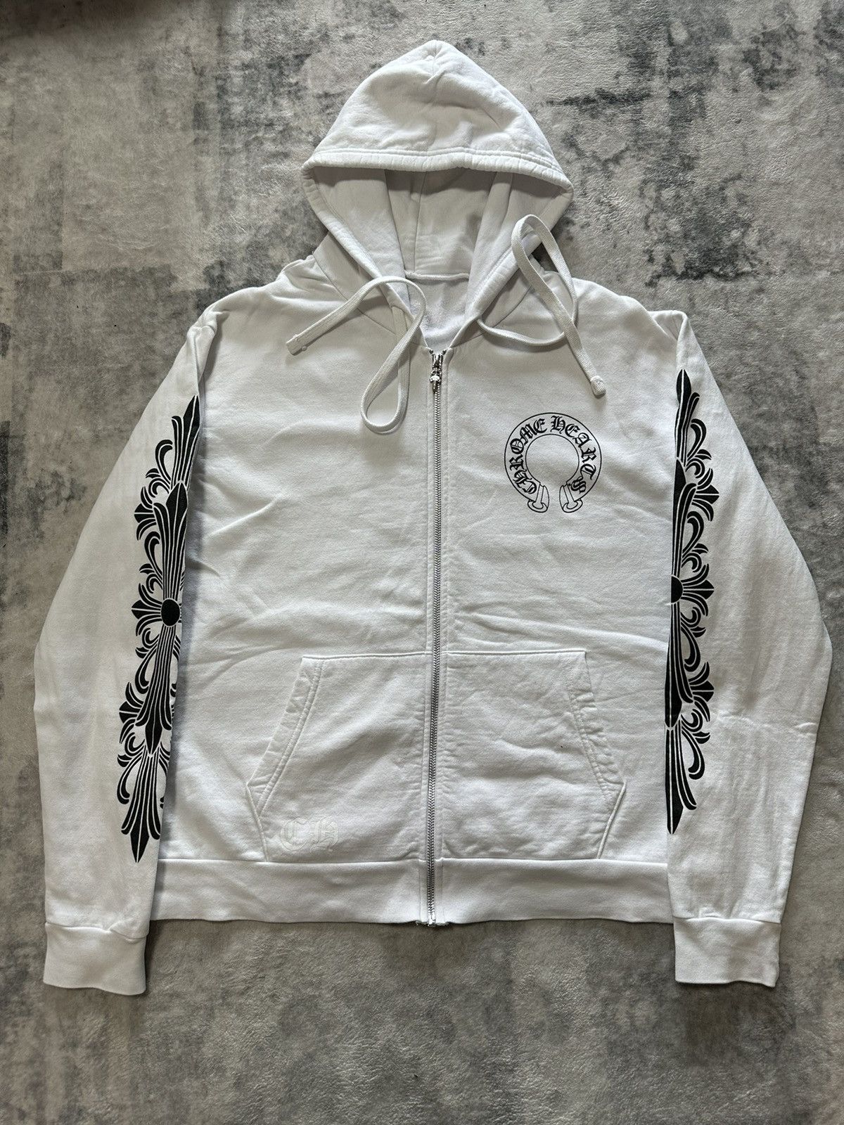 image of Chrome Hearts White Horseshoe Zip Up Hoodie, Men's (Size Small)