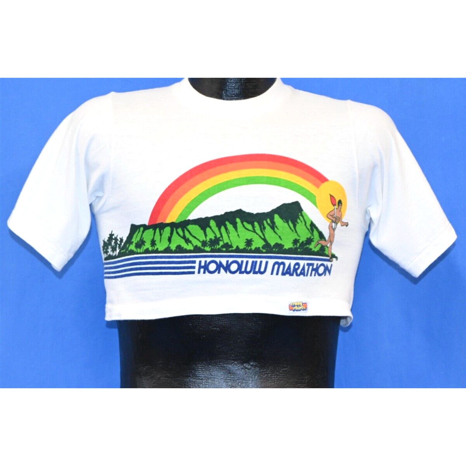 Image of Vintage 90's Crazy Shirts Honolulu Marathon Rainbow 2 Sided Half T-Shirt Xs in White, Men's