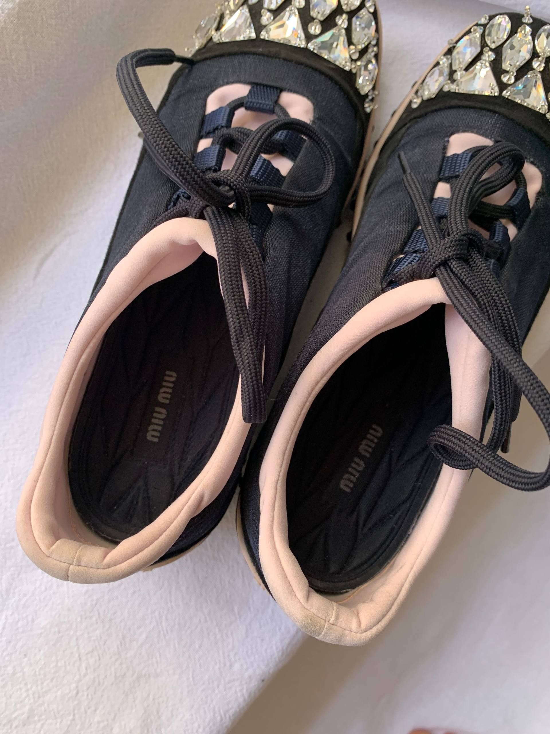 Miu Miu Crystal Embellished Neoprene Lace-Up Slip-On Sneakers Size US 4 / IT 34 - 5 Thumbnail