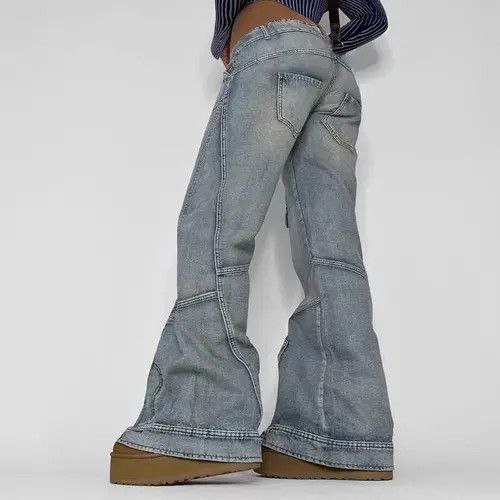 image of Vintage Retro Washed Distressed Irregular Pocket Cargo Jeans in Blue, Women's (Size 28)