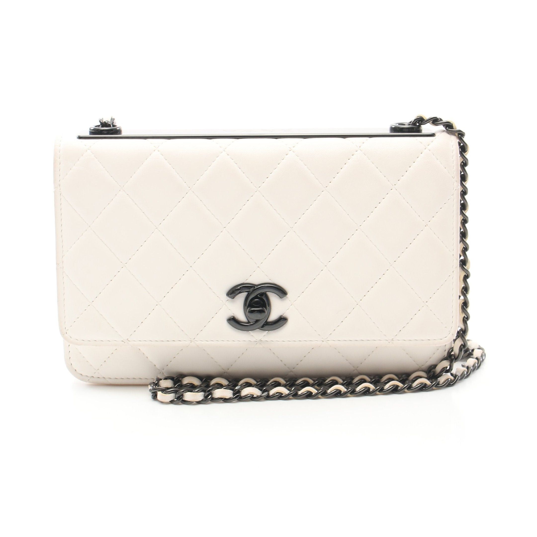 image of Chanel Matelasse Chain Wallet Lambskin White Black Hardware Logo Plate, Women's