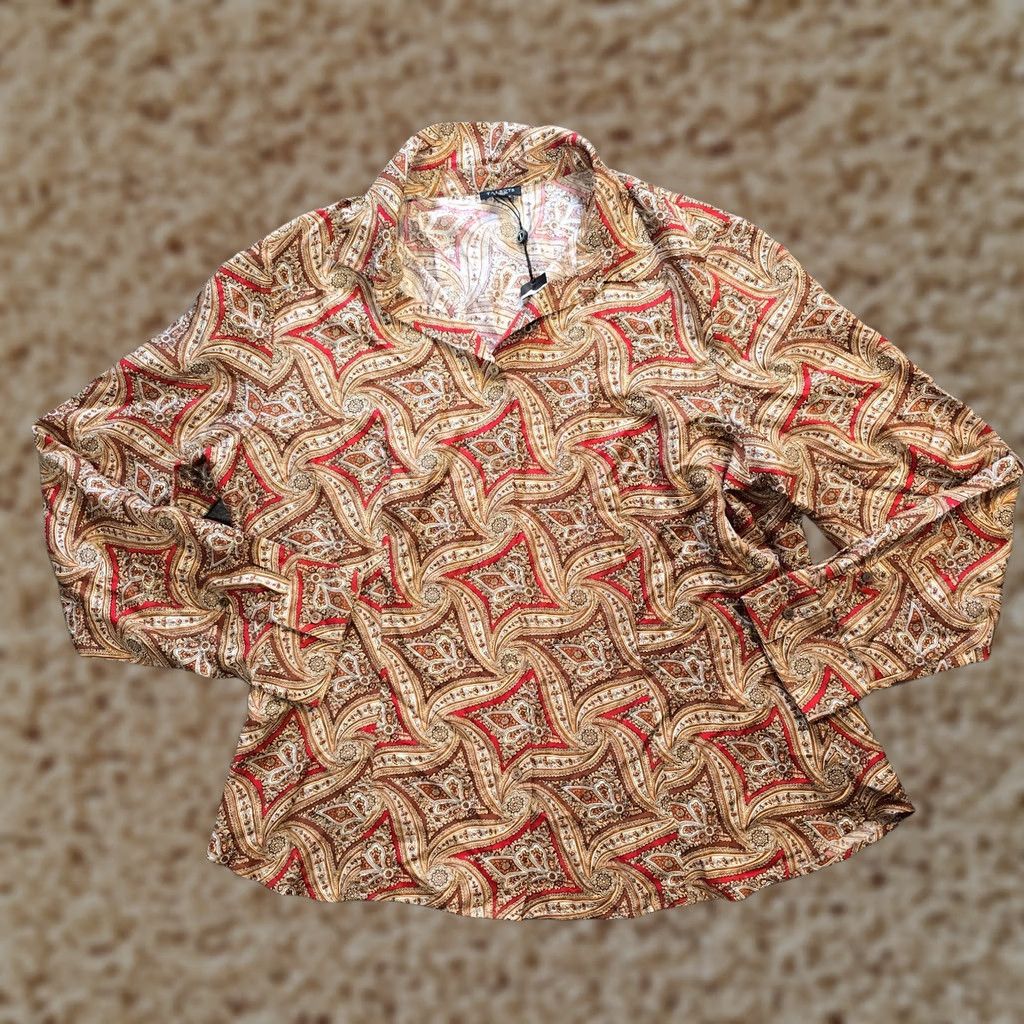Talbots Talbots Top Womens Size 18 Brown Red Silk Button-Up Long Sleeve Career Classic Geometric Pattern Button-Front Shirt Womens Plus Size Regular Fit Size XXL / US 16-18 / IT 52-54 - 1 Thumbnail