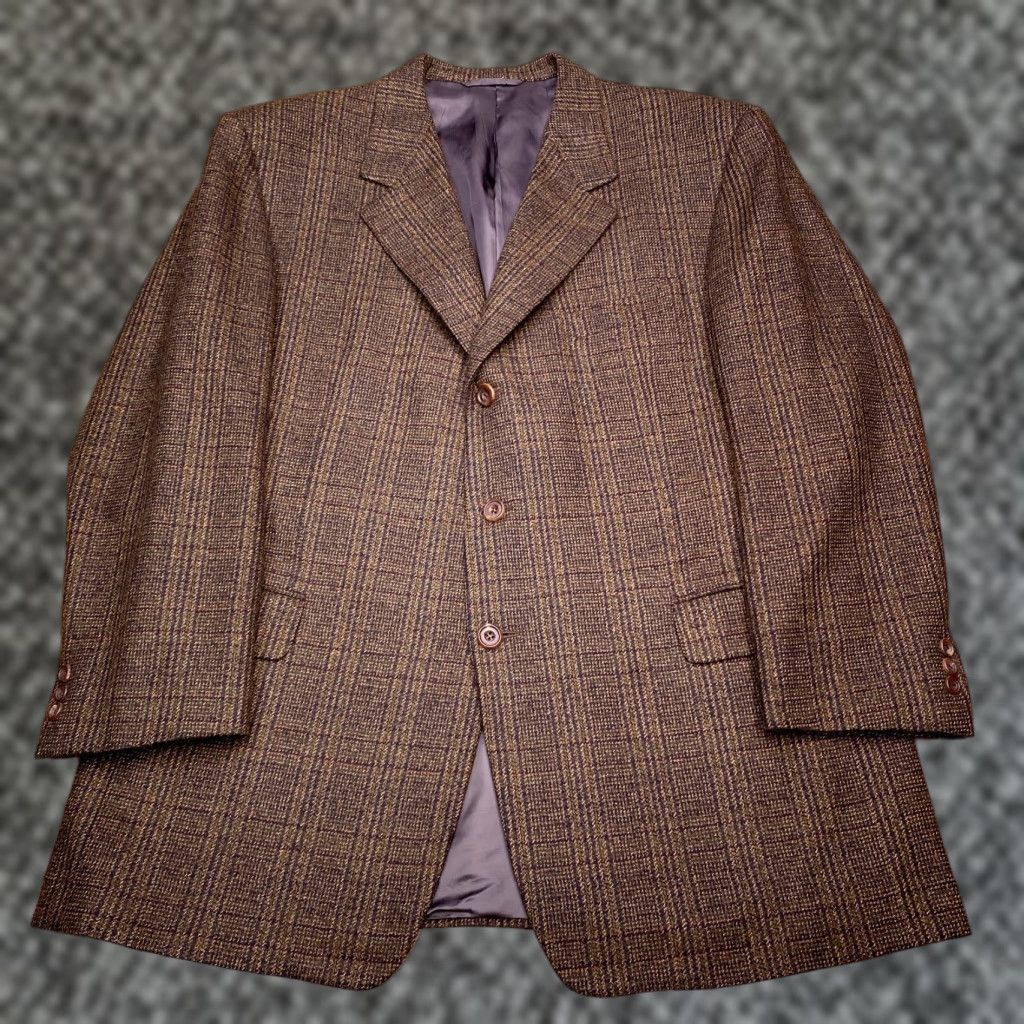 Vintage Hickey Freeman Blazer Sport Coat 45R Wool Tweed Plaid Brown Notch Single-Breasted Three-Button Mens Regular Vintage Brown Plaid Wool Blazer Size 48R - 1 Thumbnail
