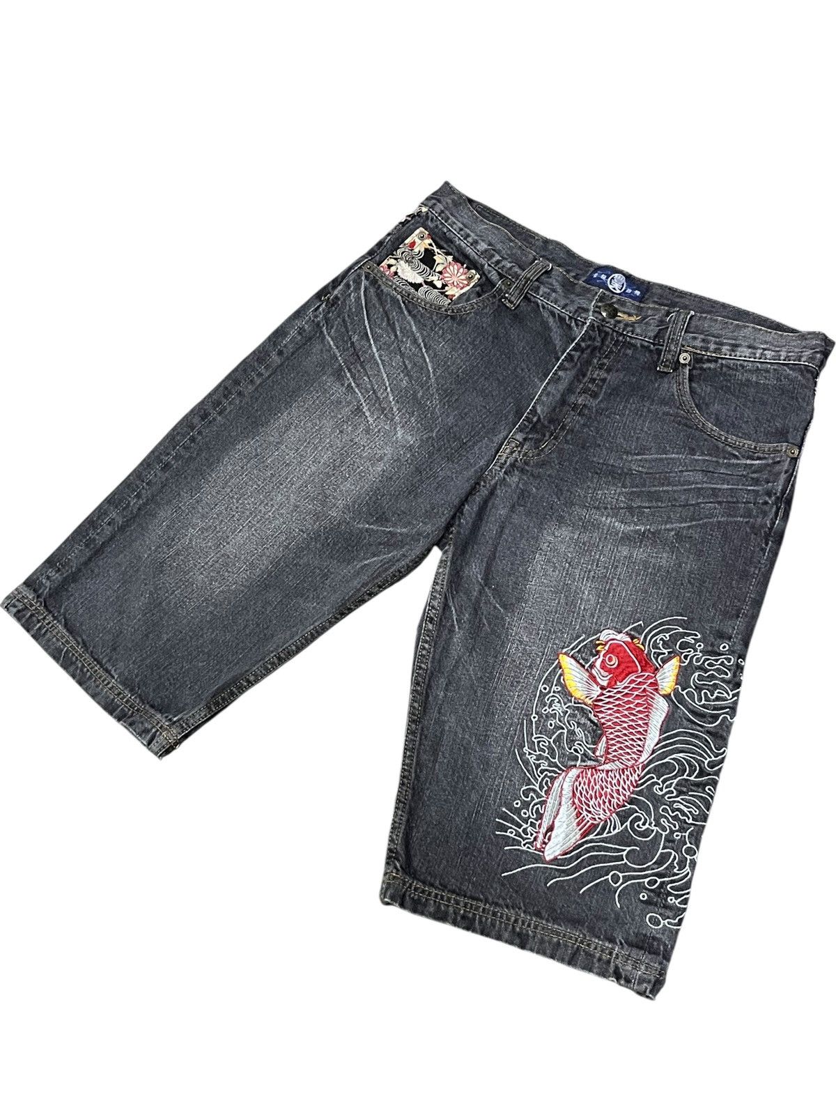 Boden 🔥BUDEN Koi Fish Embroidery Denim Shorts Wave Y2K Karakuri Size US 31 - 1 Thumbnail