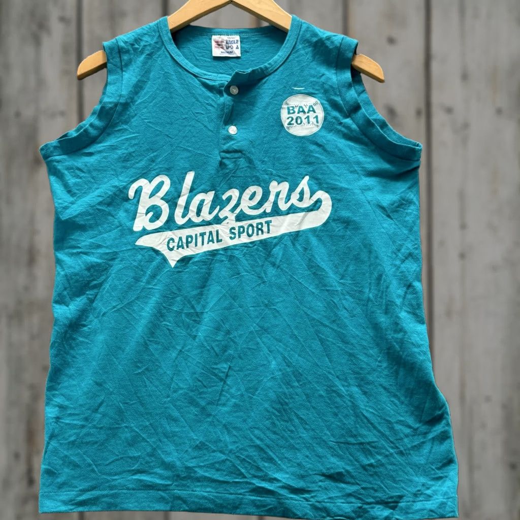 Vintage EAGLE USA Shirt Mens M Blue Henley Sleeveless Tee Graphic Print CAPITOL SPORT Blazers Logo 2011 Summer Size US M / EU 48-50 / 2 - 1 Thumbnail