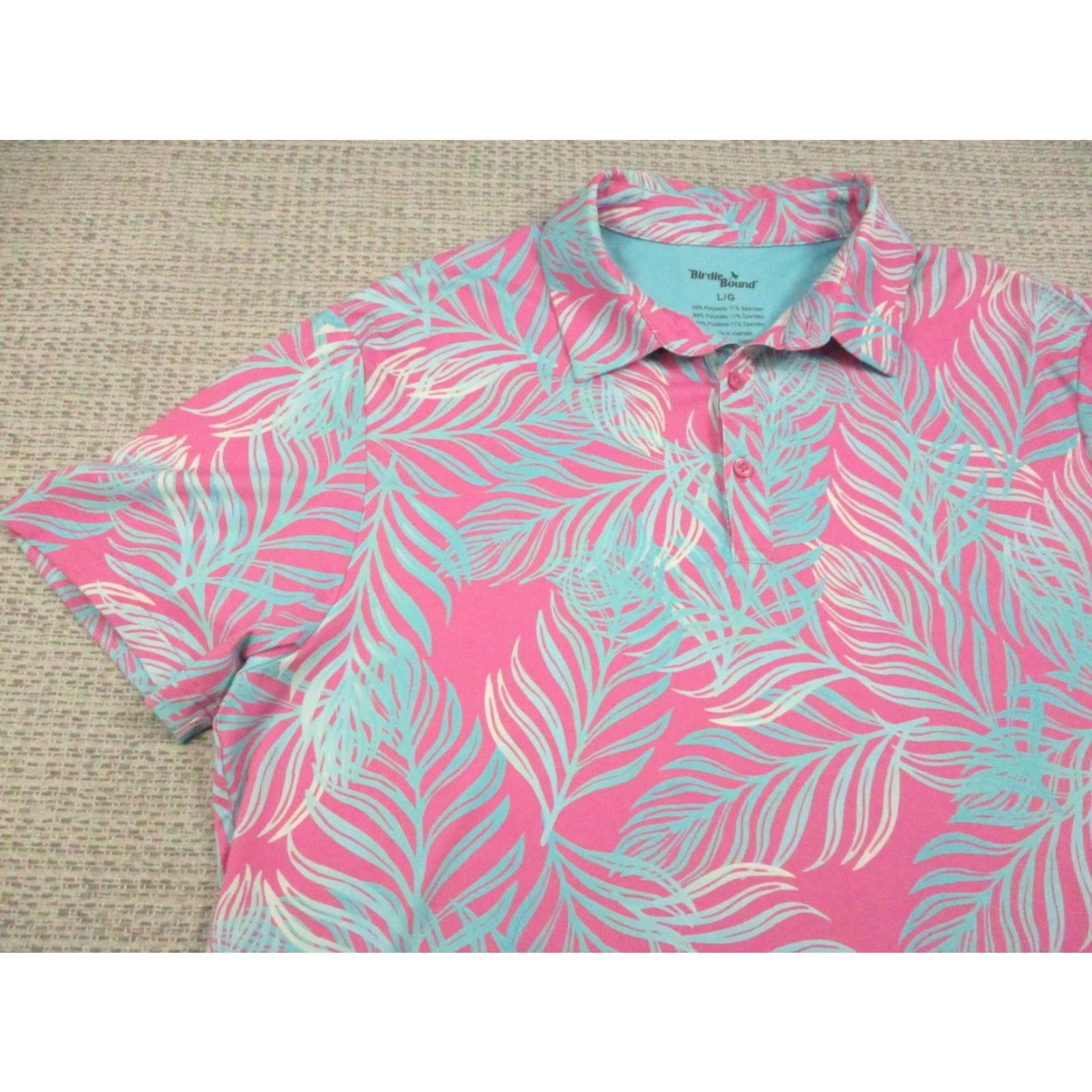 Vintage Birdie Bound Polo Shirt Mens L Pink Teal Palm Leaf Print Golf Stretch Shirts Size US L / EU 52-54 / 3 - 3 Thumbnail