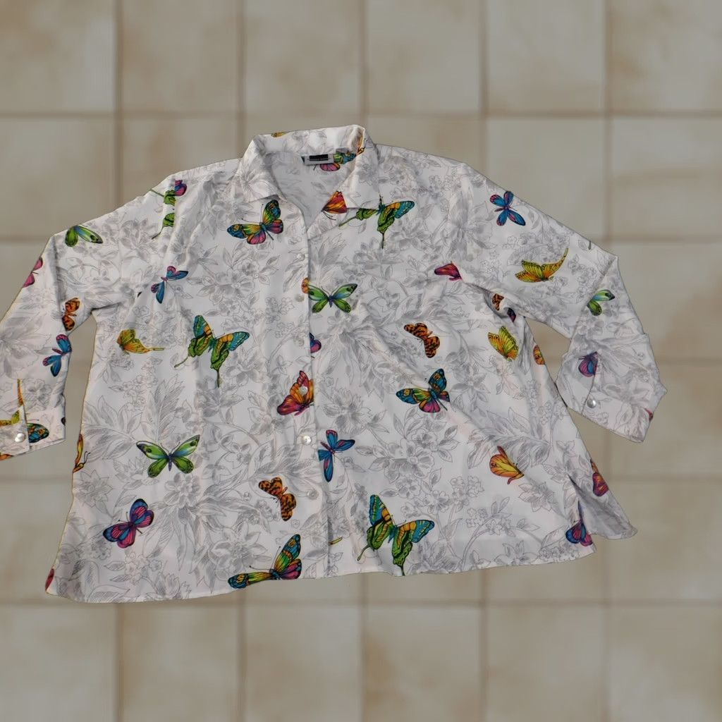 Vintage Maggie Barnes Button-Up Top Womens 32W Plus Size White Floral Butterfly Polyester Raglan Sleeve Collared Long Sleeve Casual Stretch Regular Size XXS / US 00 / IT 34 - 1 Thumbnail