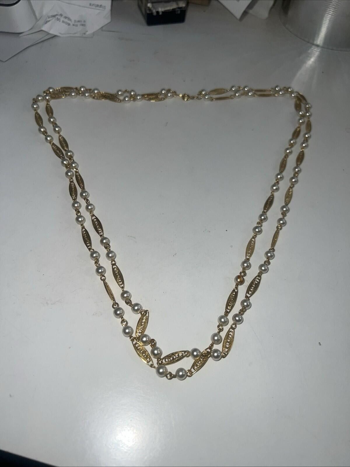 Other vtg Trifari Stamped Gold Tone Faux Pearl Necklace Double Han Size ONE SIZE - 6 Thumbnail