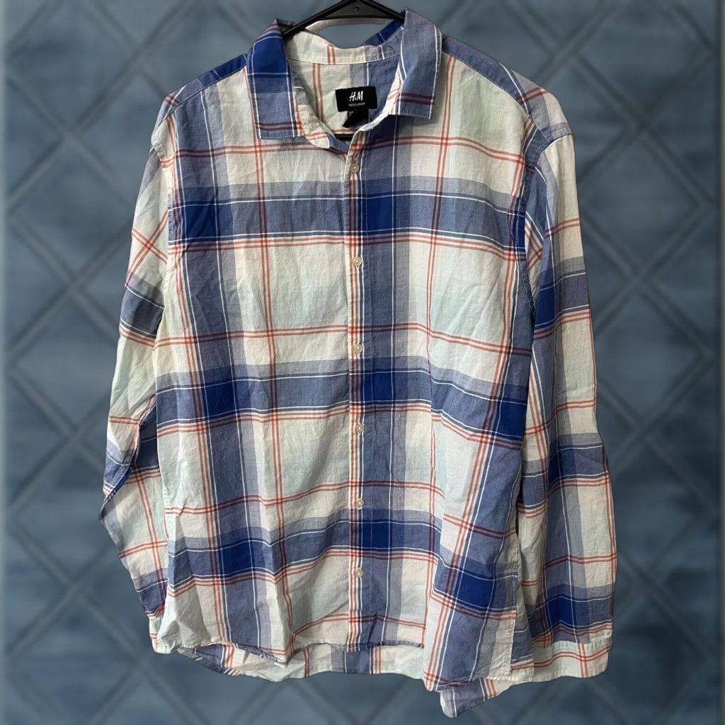 H&M H&M Button-Down Dress Shirt Long Sleeve Plaid Blue White L Slim Mens Shirt Adult Large Blue Plaid H&M Shirt Mens Size 42R - 1 Thumbnail