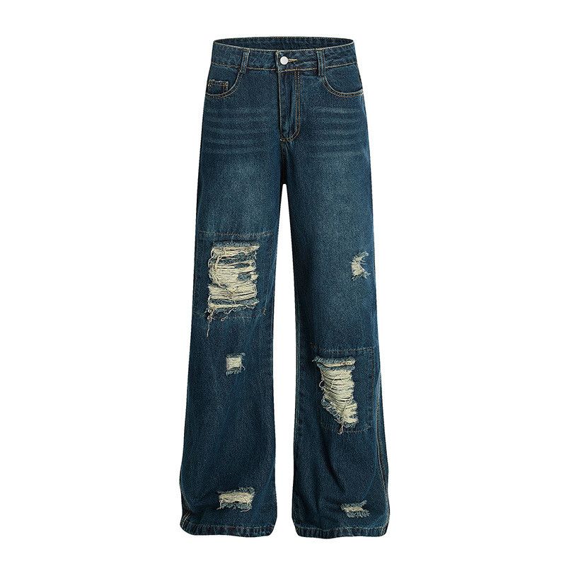 Men's American-style washed distressed work jeans