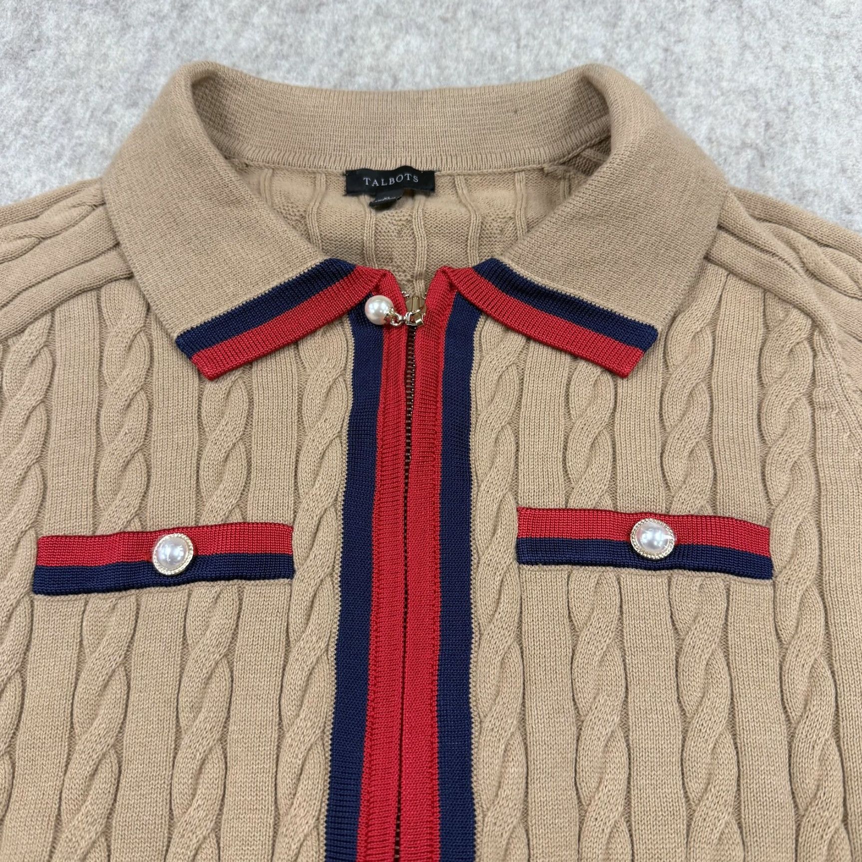 Talbots Talbots Sweater Womens XL Tan Cable Knit Zip Front Collared Cardigan Pearl Trim Size XL / US 12-14 / IT 48-50 - 2 Thumbnail
