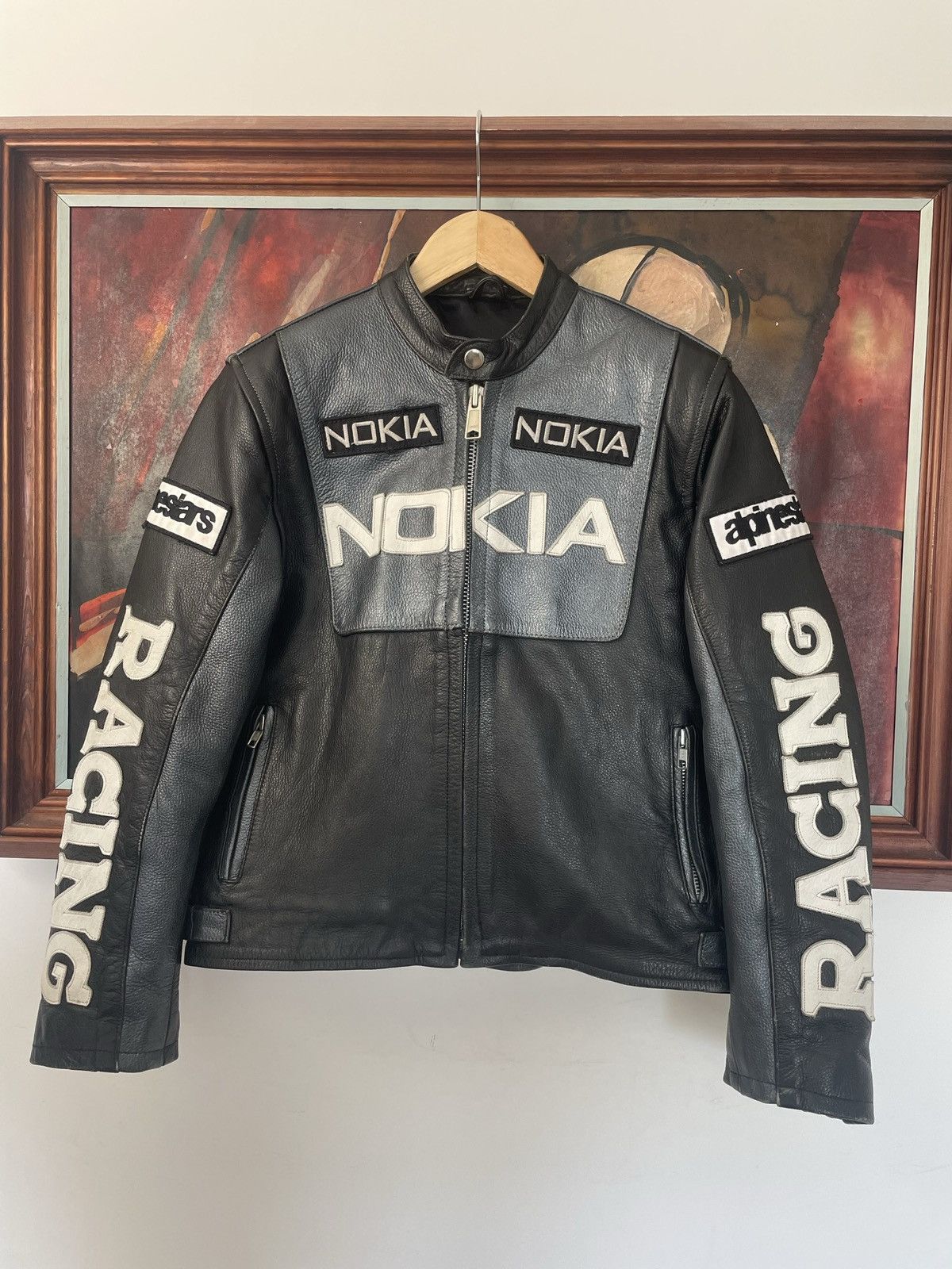 image of Vintage Nokia Racing Moto Leather Jacket Cropped Streetwear in Black, Men's (Size XS)