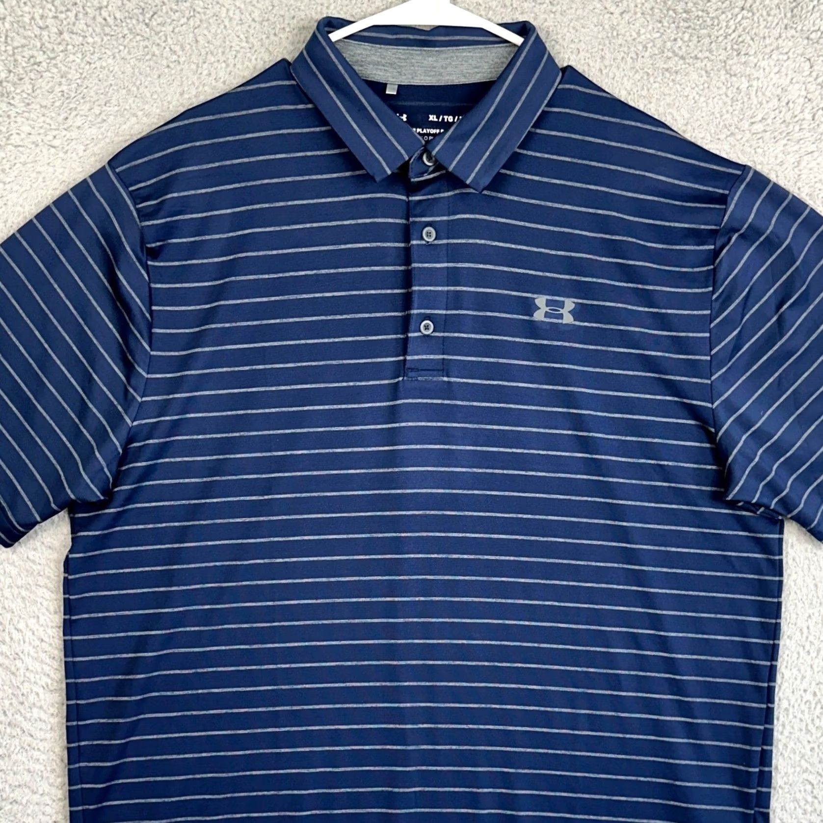 Under Armour Under Armour Playoff Polo Shirt Mens XL Navy Blue Striped HeatGear Golf Rugby EUC Size US XL / EU 56 / 4 - 2 Thumbnail
