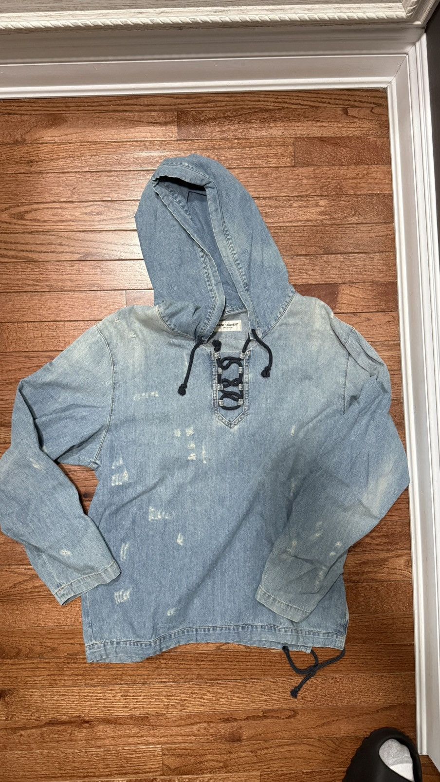 Saint Laurent Paris Distressed Denim Lace-up Hoodie - Large