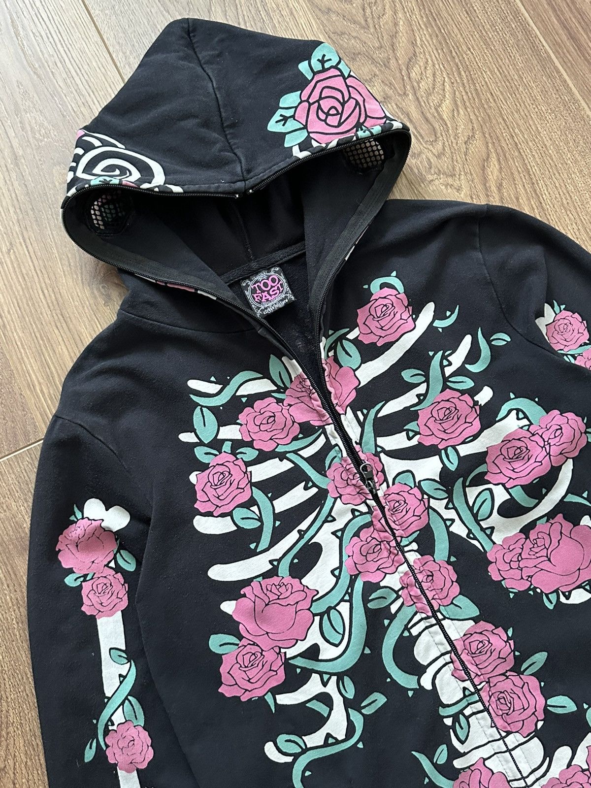 Japanese Brand × Vintage Vintage Skeleton Floral Pint Black Cotton Full Zip Hoodie Size M / US 6-8 / IT 42-44 - 6 Thumbnail