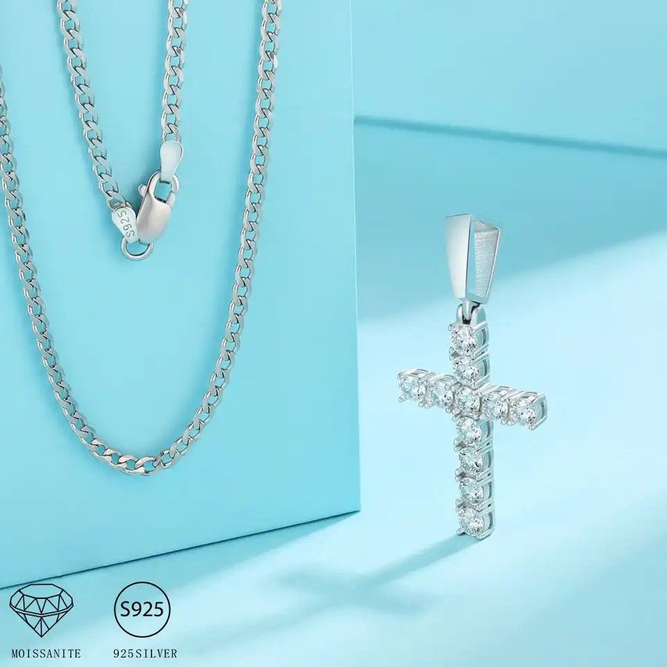 Jewelry 925 Silver 1.1 Carat Moissanite Cross Necklace Pendant Size ONE SIZE - 2 Thumbnail