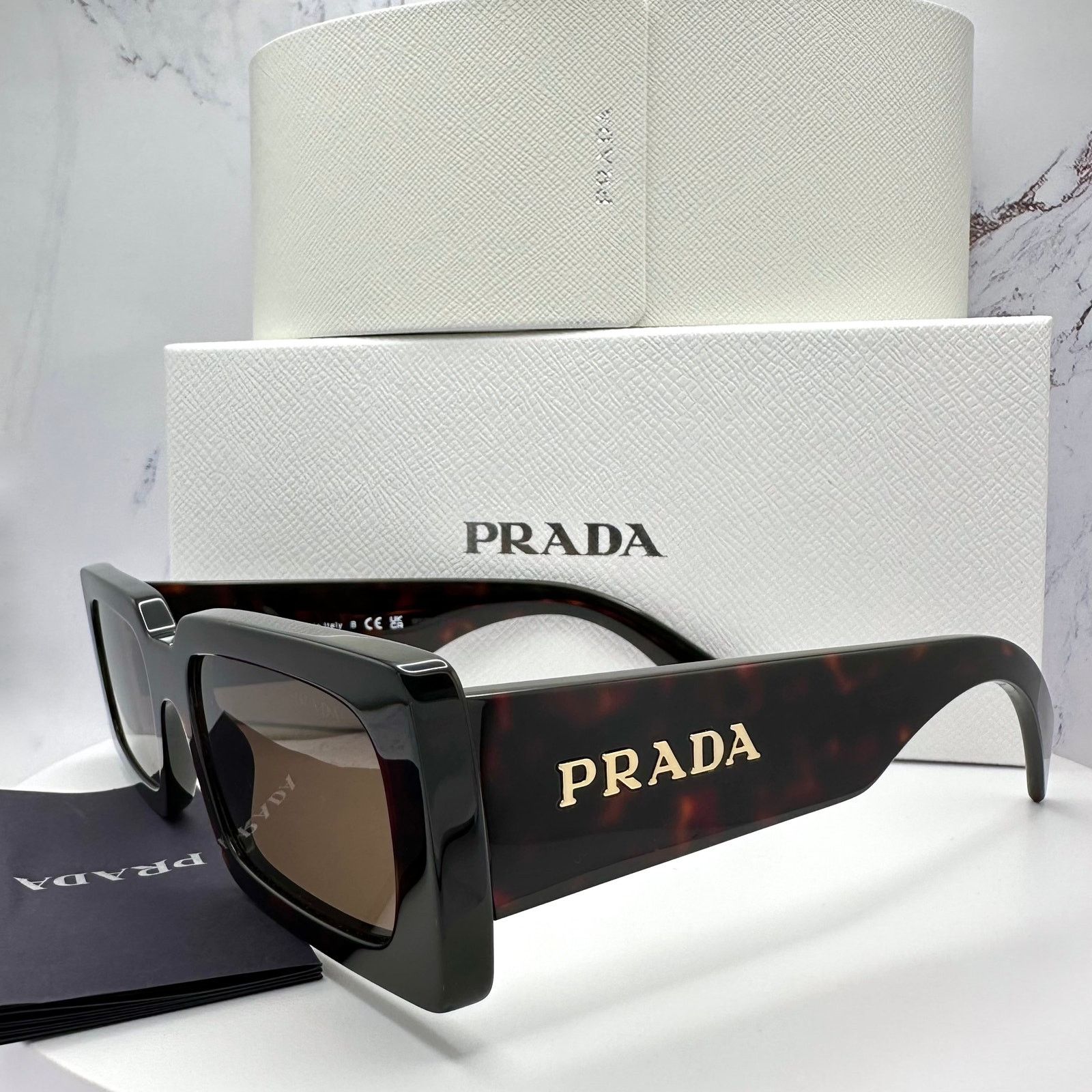 Prada Sunglasses Brown Black Tortoise Gold Metal Logo Square