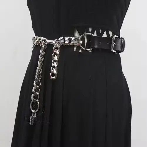 Other PU Leather Black Thick Metal Chain Long Wide Belt Size ONE SIZE - 2 Thumbnail