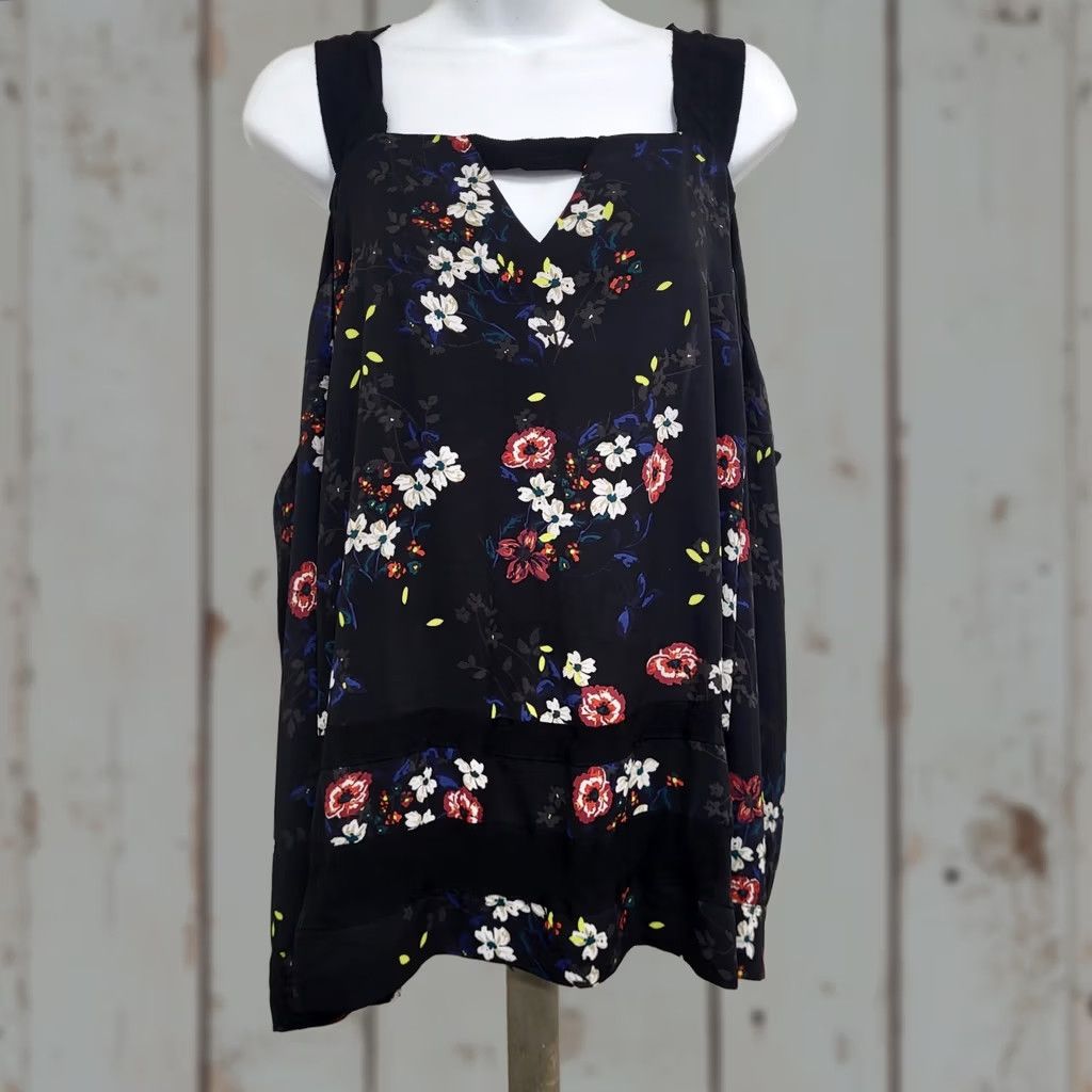 Vintage Rachel Rachel Roy Blouse Womens 1X Black Floral Print Cold Shoulder Square Neck Shirt Blouse Size XL / US 12-14 / IT 48-50 - 1 Thumbnail
