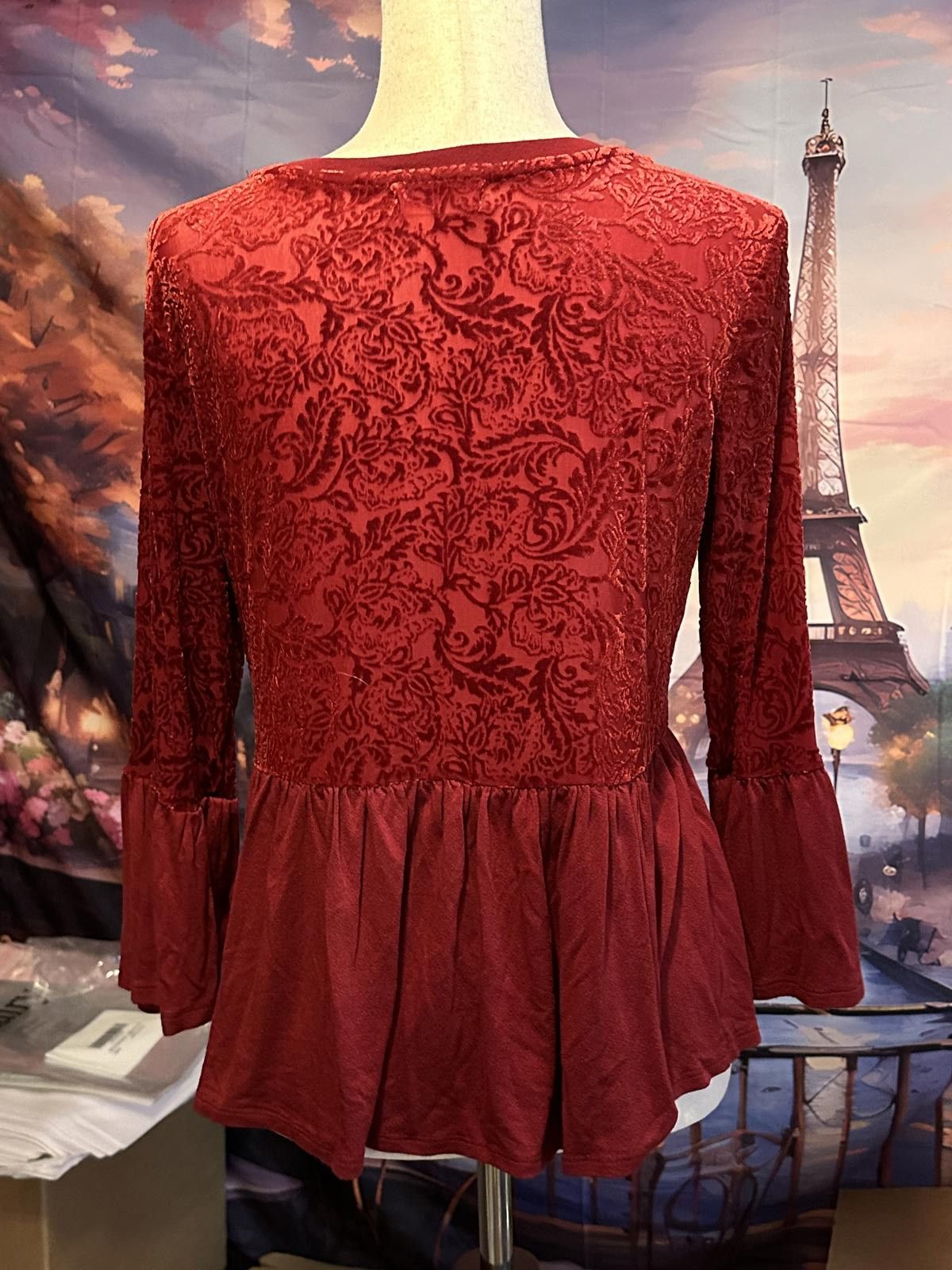 Other Altar'd State Red Velvet Burnout Peplum Top - Size L Size L / US 10 / IT 46 - 3 Thumbnail