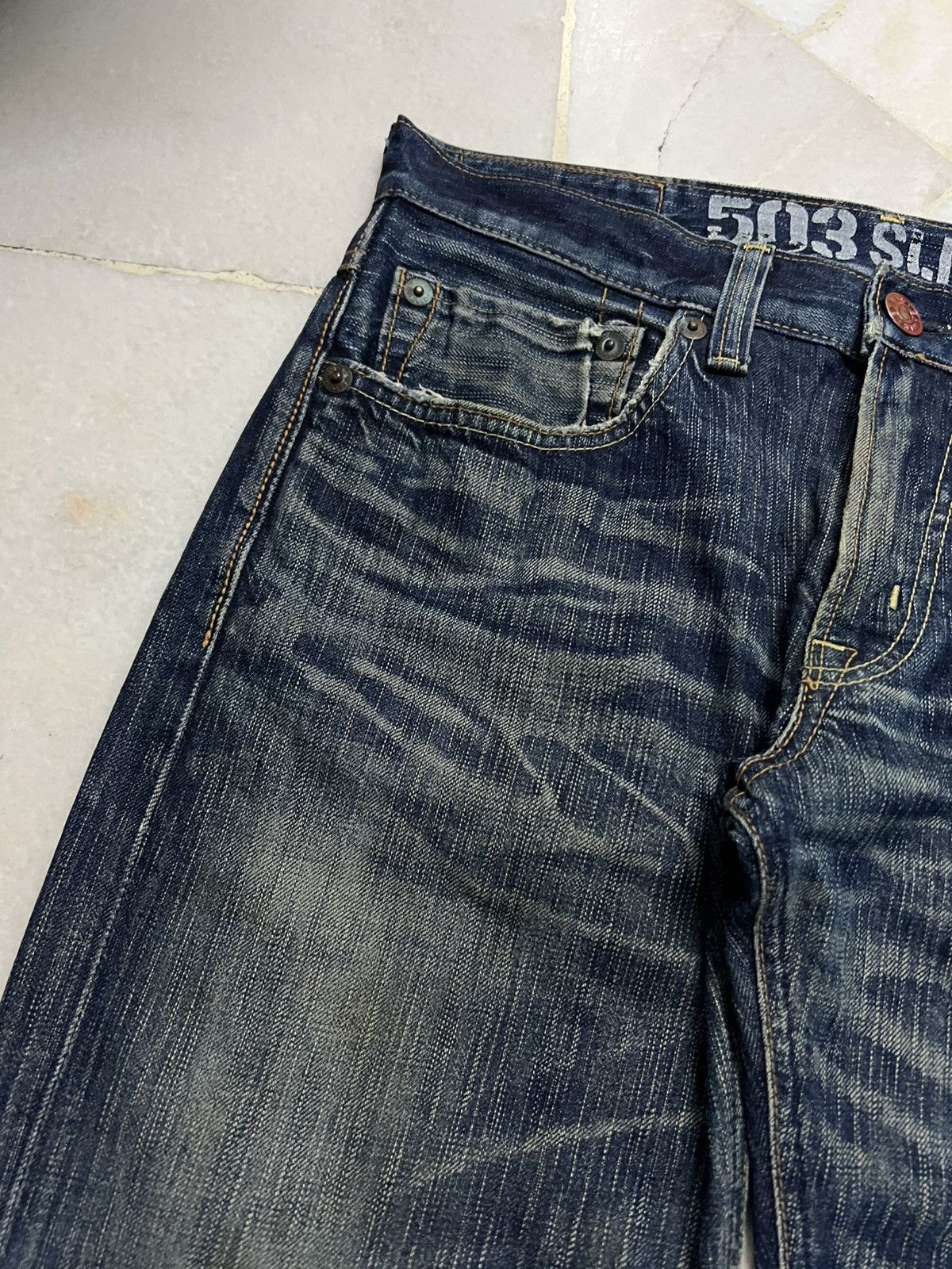 Edwin × Japanese Brand × Jean Edwin 503 Blue Trip Distress Jean Size US 31 - 7 Thumbnail