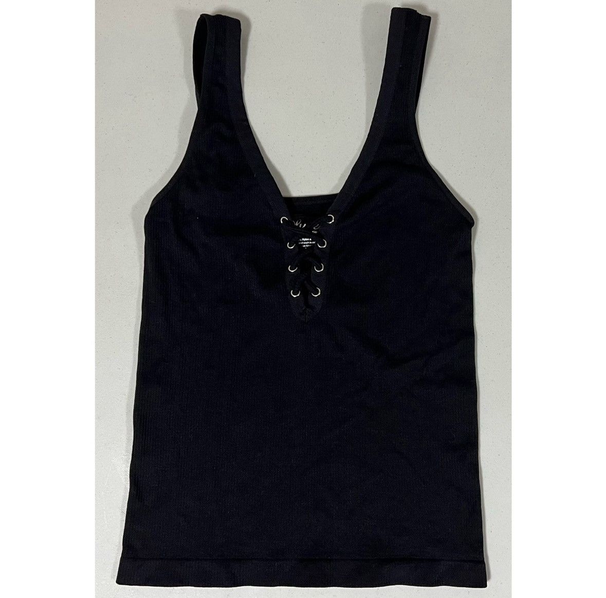 Vintage Suzette Black Tie-Up Spandex Camisole Tank Top Shirt O/S 🖤 Size ONE SIZE - 2 Thumbnail