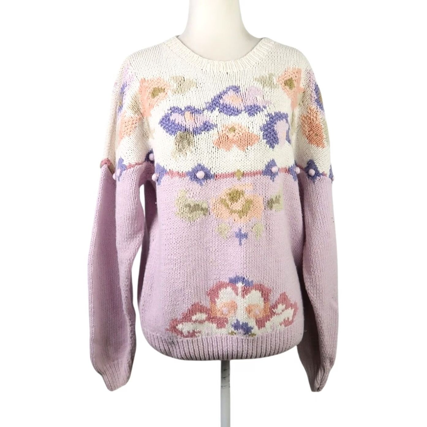 Vintage VINTAGE 90s Harbor View floral sweater M Crew Neck Pullover Knit Cotton Ramie Women Purple Lavender Cream Long Sleeve 90s Size M / US 6-8 / IT 42-44 - 2 Thumbnail