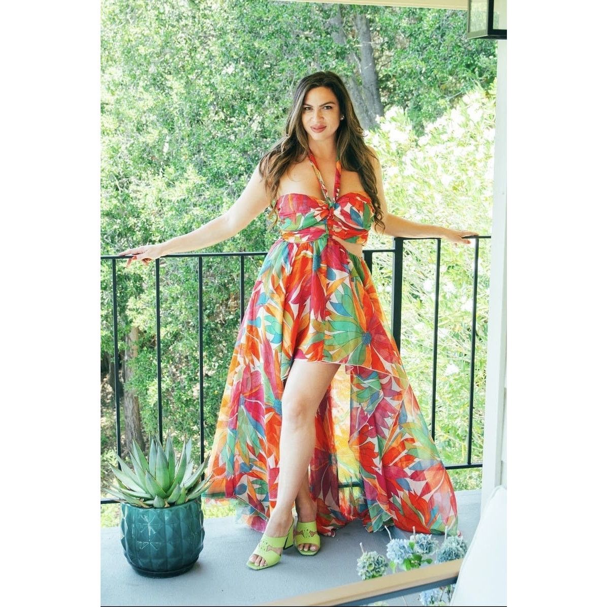 Ronny Kobo Natasha jungle high low maxi cut out dress sz XL