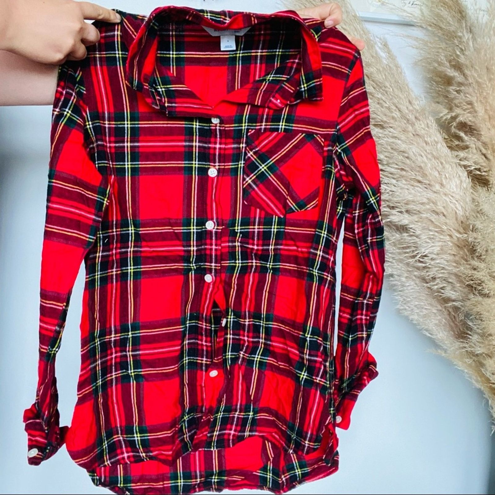 Old Navy OLD NAVY Red White Green Plaid Flannel Button Shirt Top Size S / US 4 / IT 40 - 8 Thumbnail