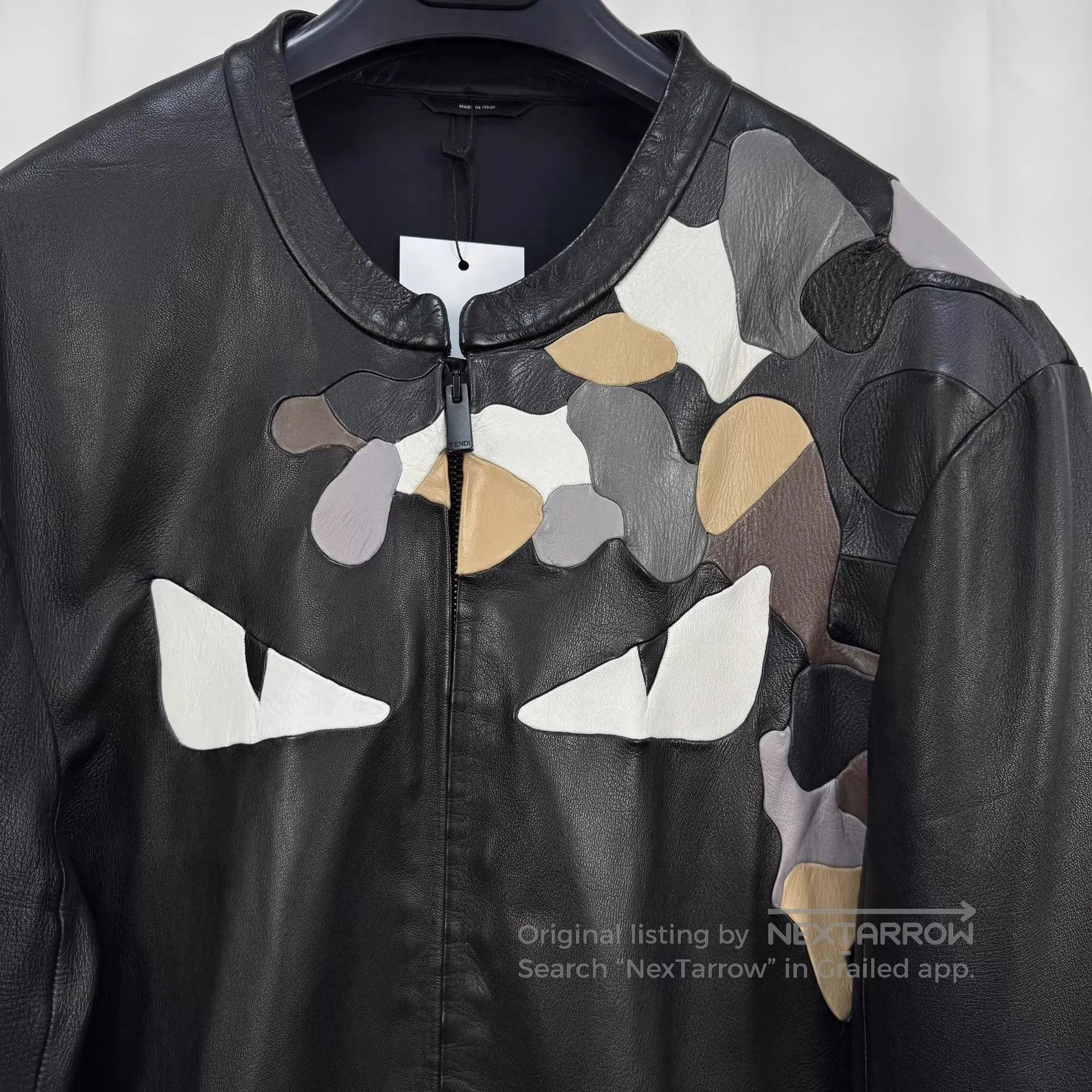 Fendi Black Leather Jacket with Camo and Eye Design. Size US L / EU 52-54 / 3 - 3 Thumbnail