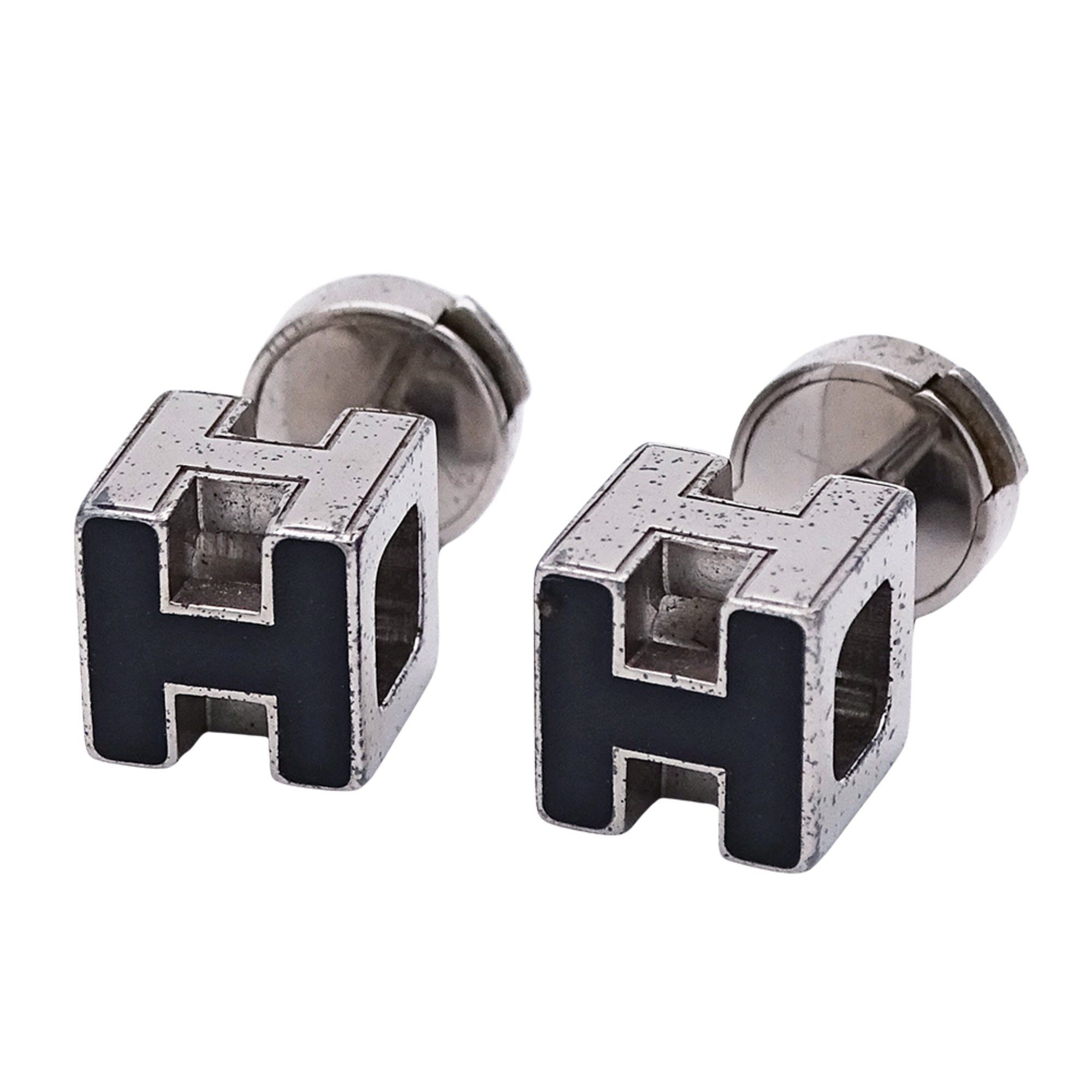 Hermes Hermès Women's Earrings Caju d'Ache H Cube Black and Silver