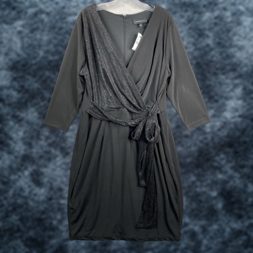 Vintage Lane Bryant Dress Womens 18 Black Faux Wrap Sparkly Party 3/4 Sleeve Stretch NWT Size XXL / US 16-18 / IT 52-54 - 1 Thumbnail