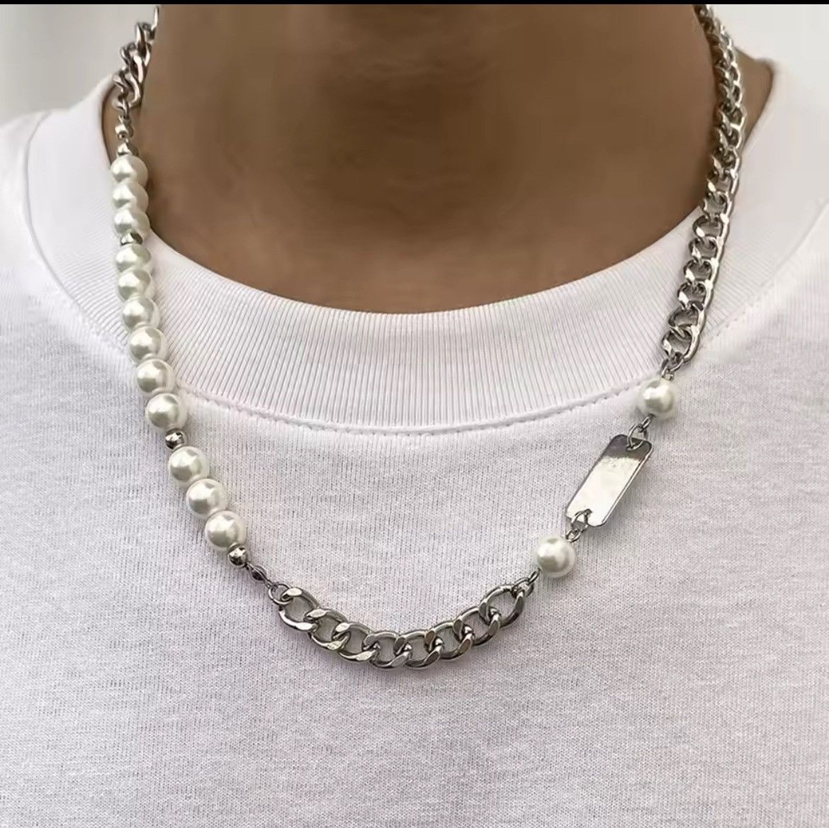Jewelry × Other Imitation Pearl Beaded Cuban Link Chain Necklace Size ONE SIZE - 1 Thumbnail
